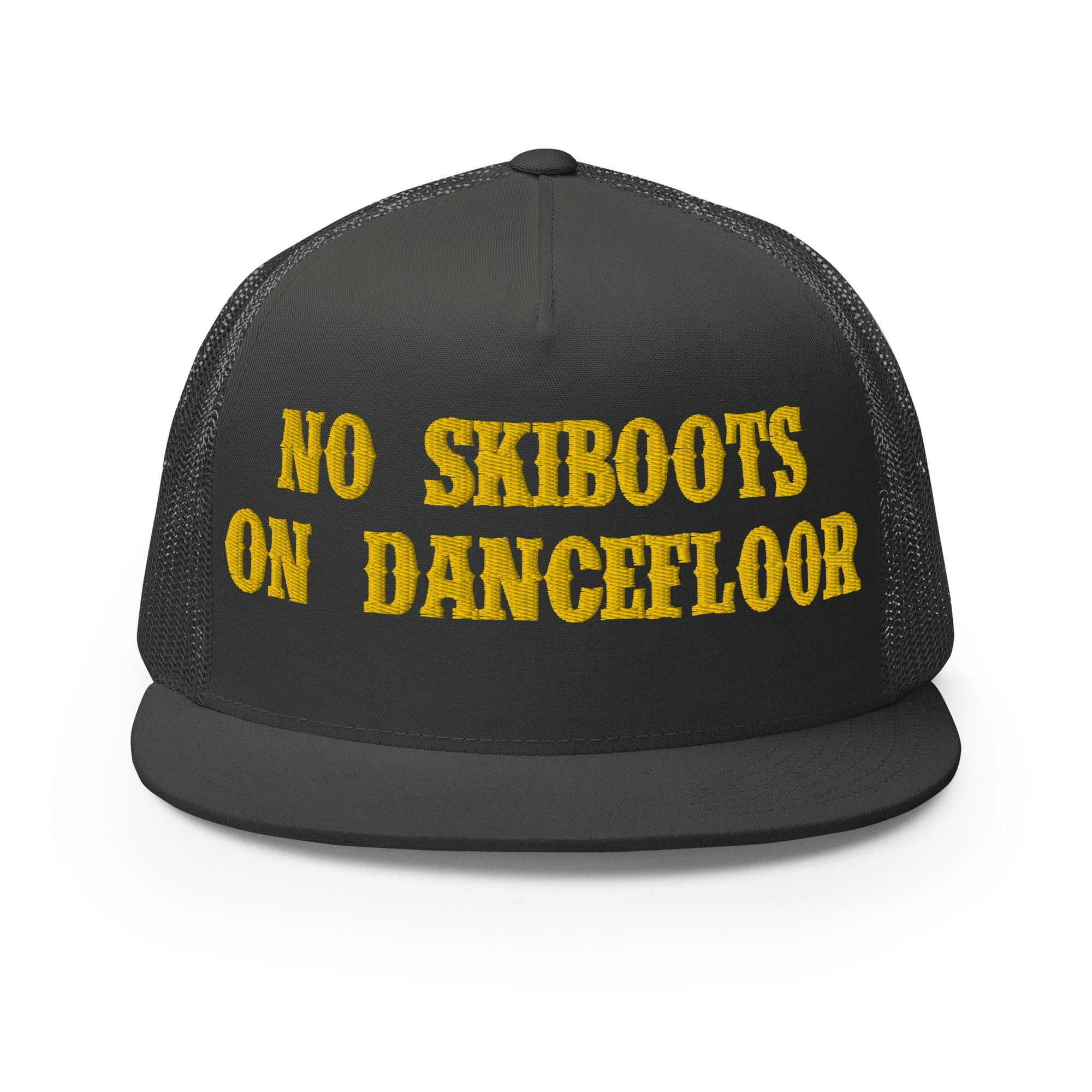 Casquette Trucker à visière plate No Skiboots on Dancefloor Gold grand motif brodé