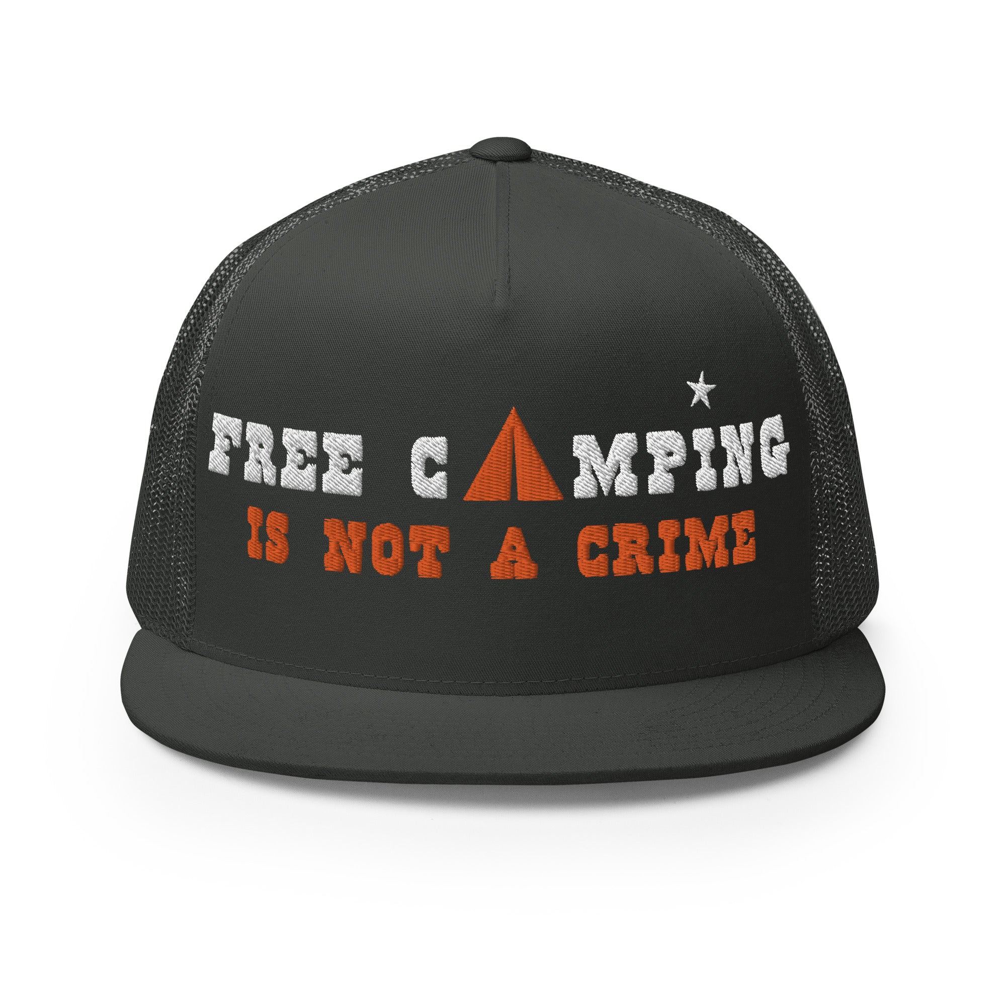 Casquette Trucker à visière plate Free camping is not a crime white/orange