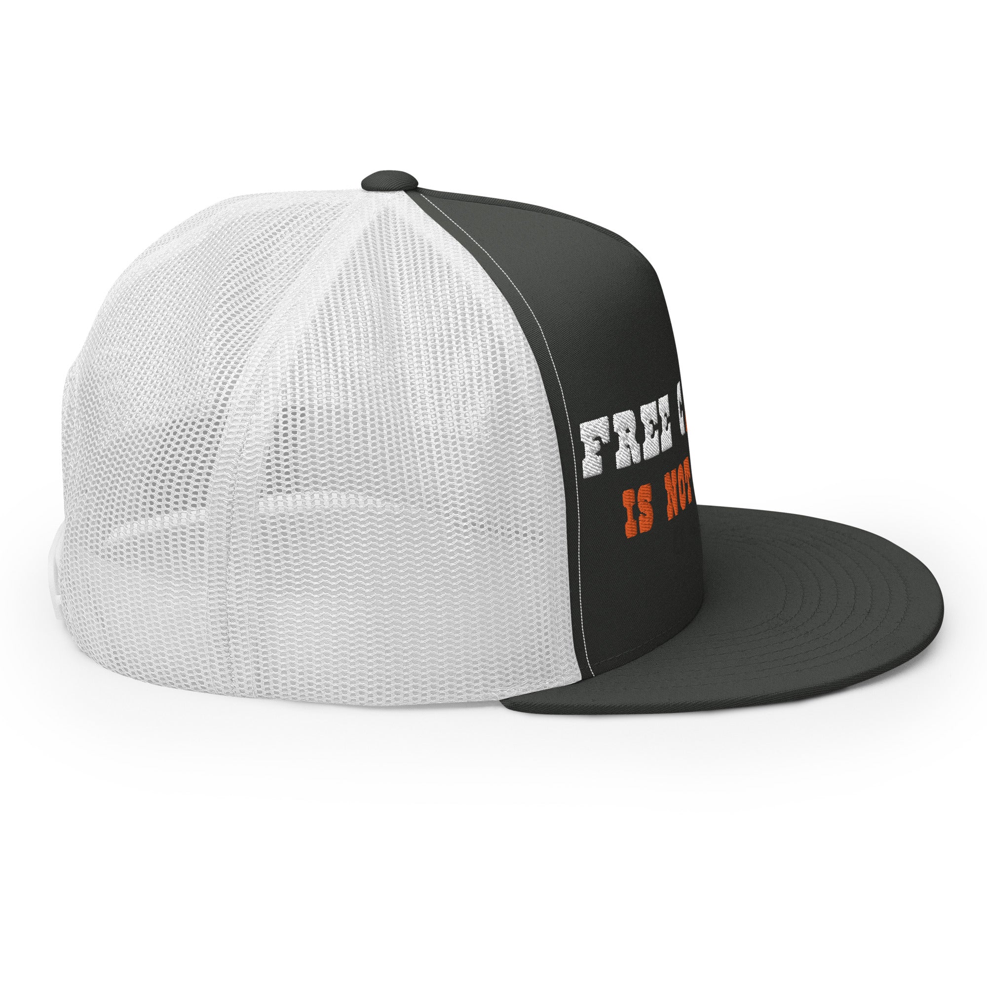 Casquette Trucker bicolore à visière plate Free camping is not a crime white/orange