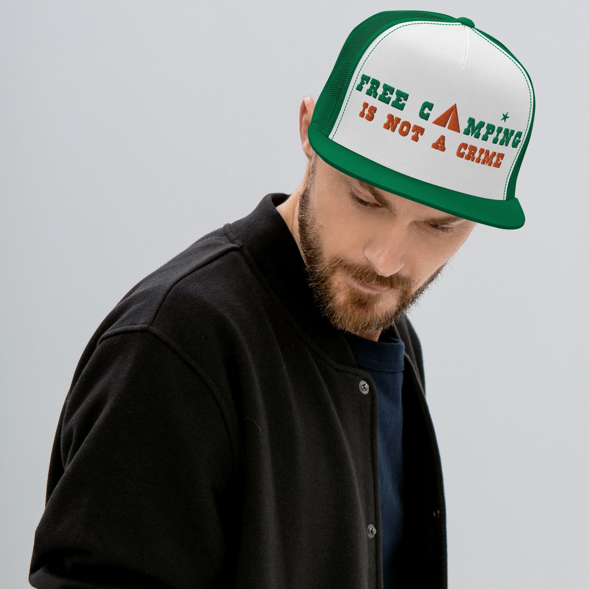 Two-Tone Trucker Cap Free camping is not a crime kelly green/orange