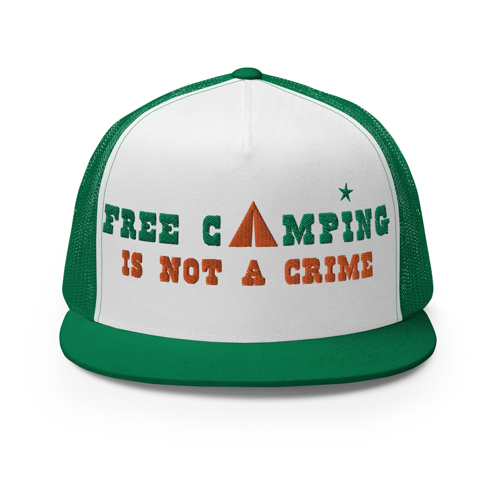 Casquette Trucker bicolore à visière plate Free camping is not a crime kelly green/orange