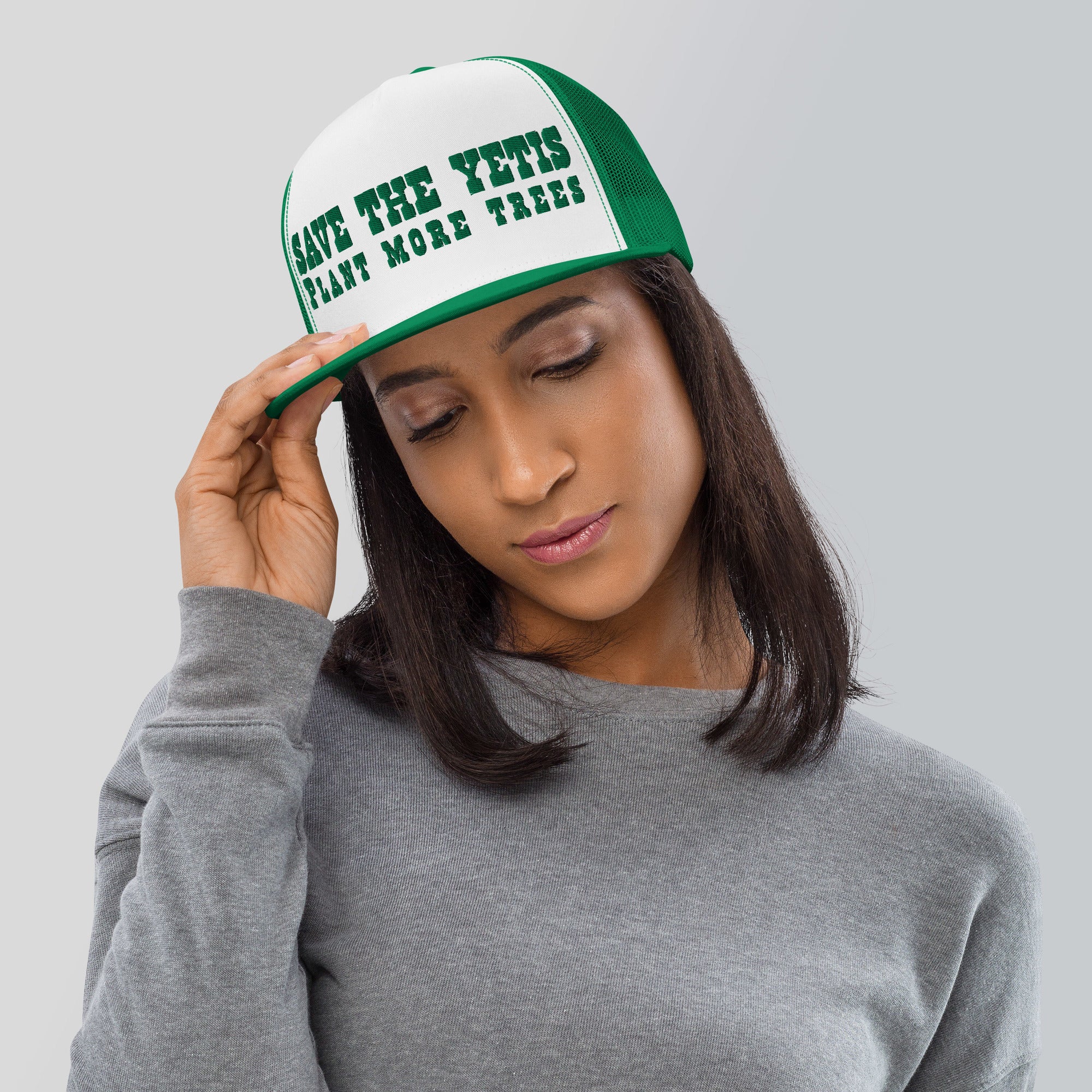 Two-Tone Trucker Cap Save the Yetis, Plant more Trees Kelly Green