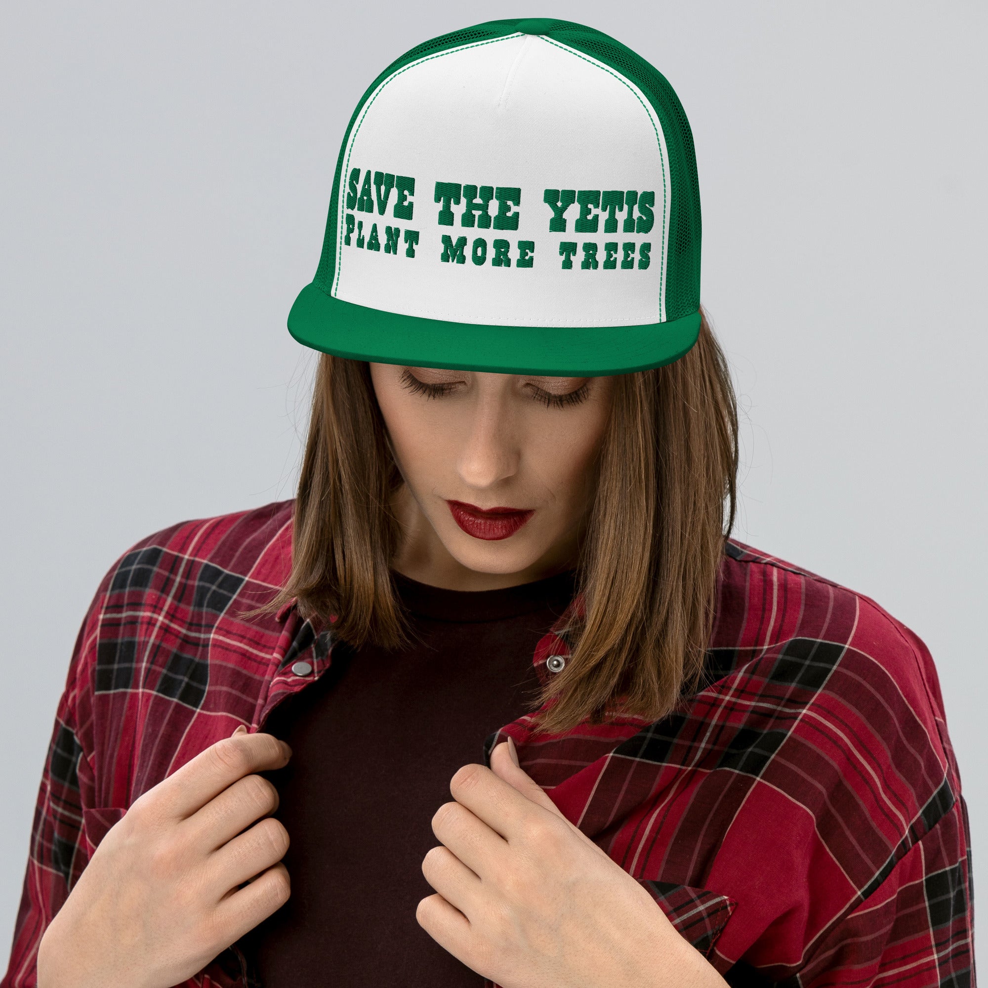 Two-Tone Trucker Cap Save the Yetis, Plant more Trees Kelly Green