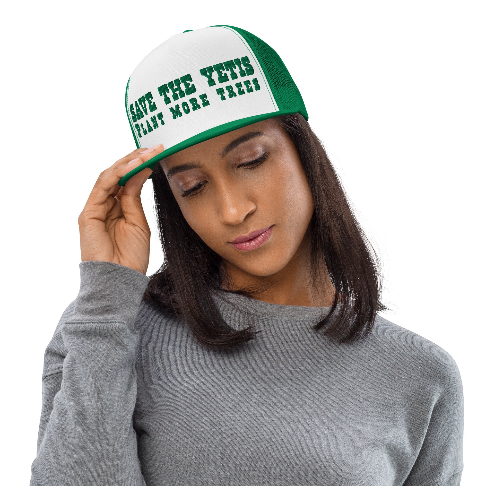 Two-Tone Trucker Cap Save the Yetis, Plant more Trees Kelly Green