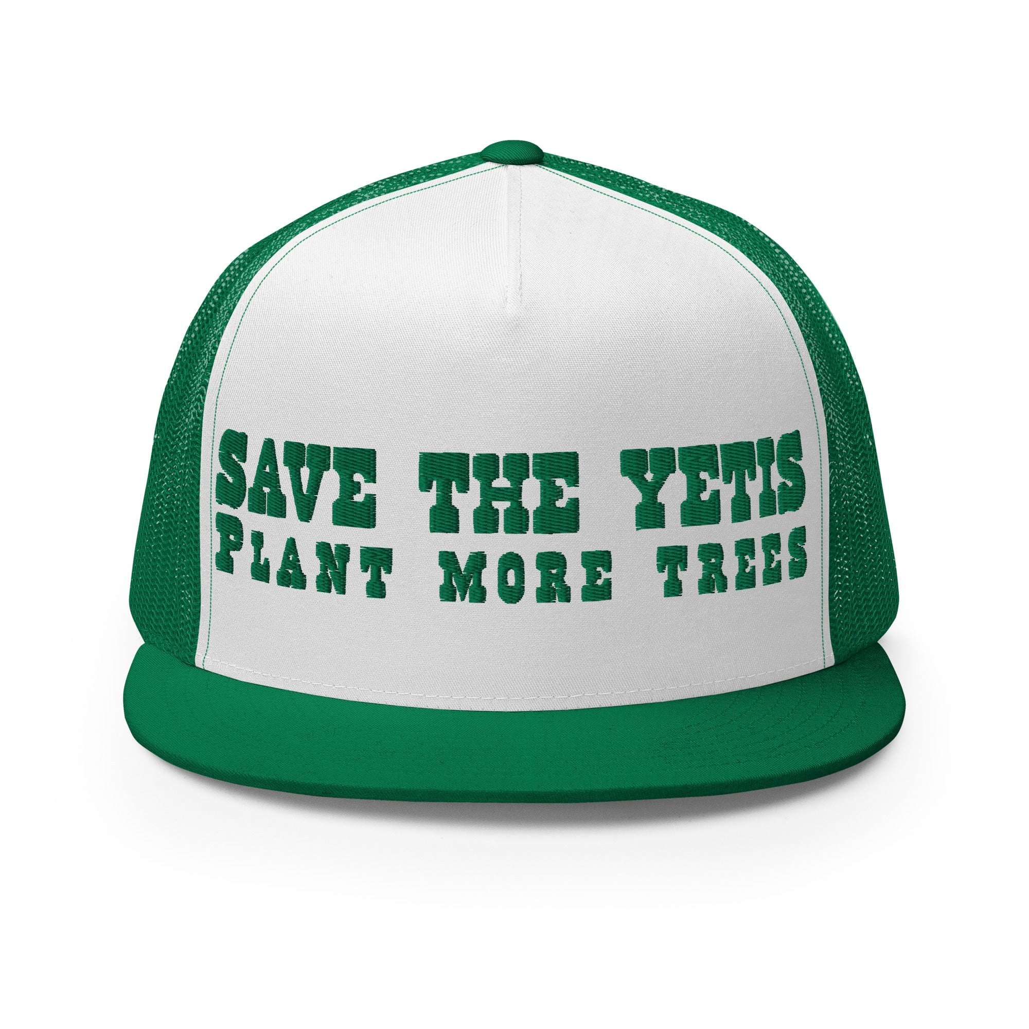 Two-Tone Trucker Cap Save the Yetis, Plant more Trees Kelly Green