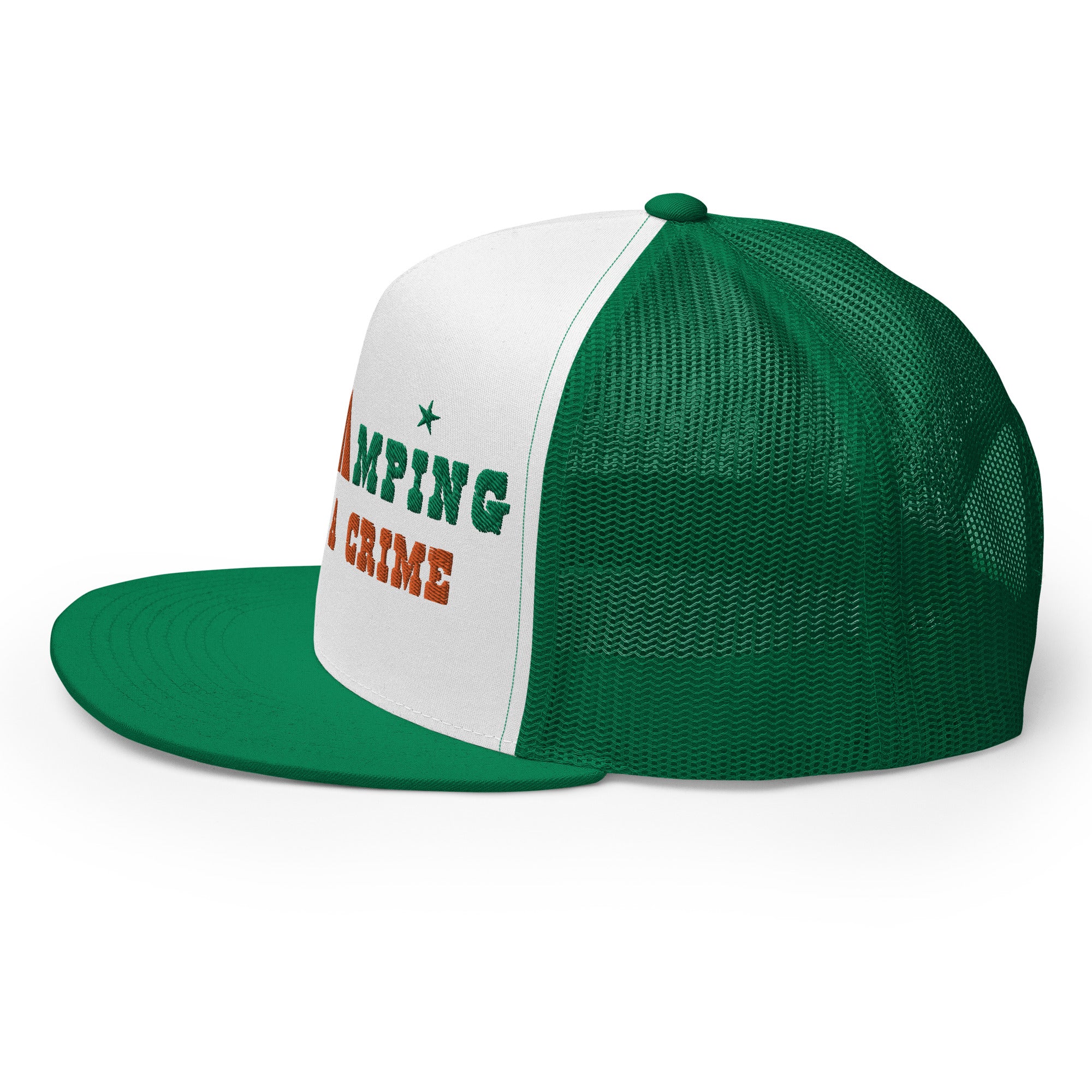 Casquette Trucker bicolore à visière plate Free camping is not a crime kelly green/orange