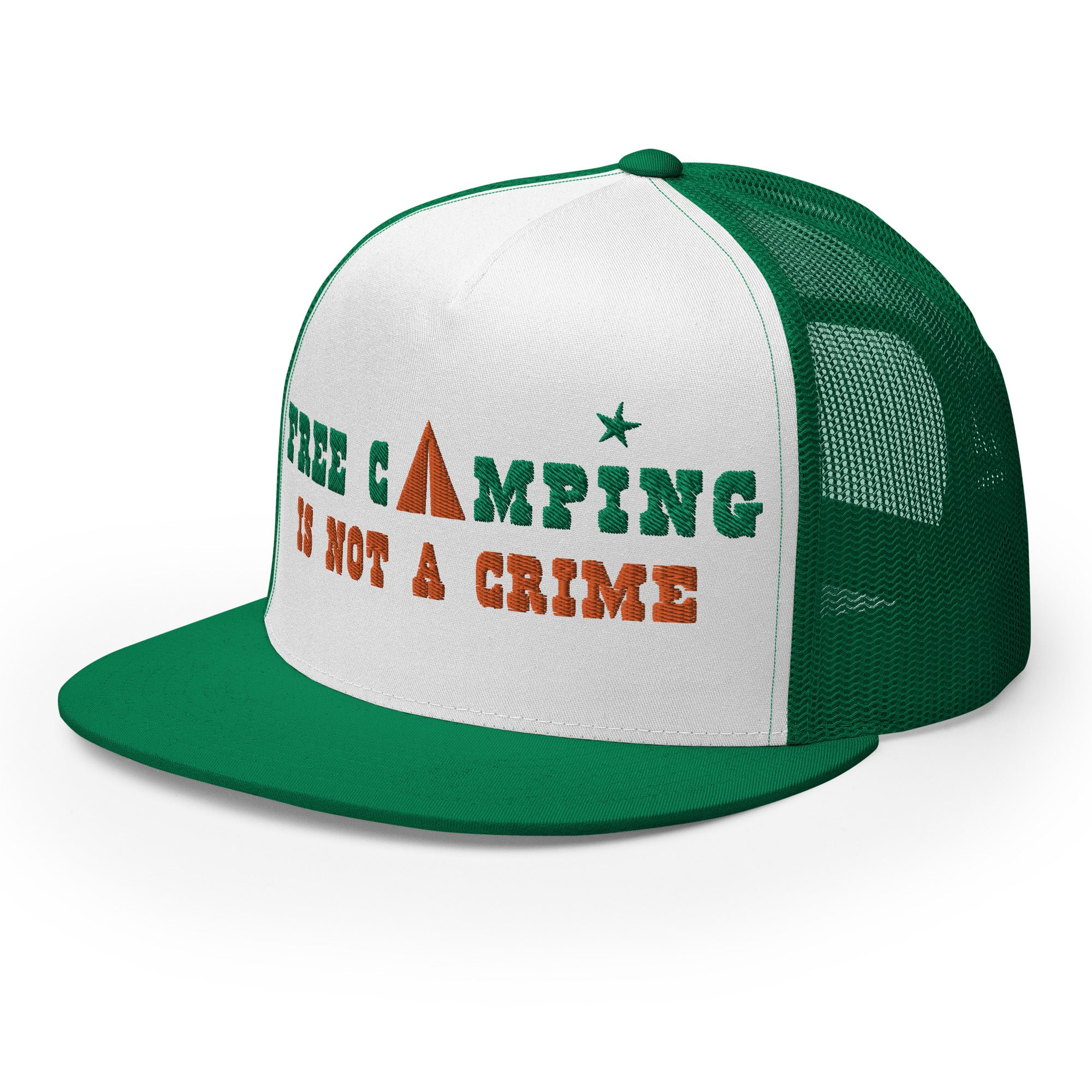 Casquette Trucker bicolore à visière plate Free camping is not a crime kelly green/orange