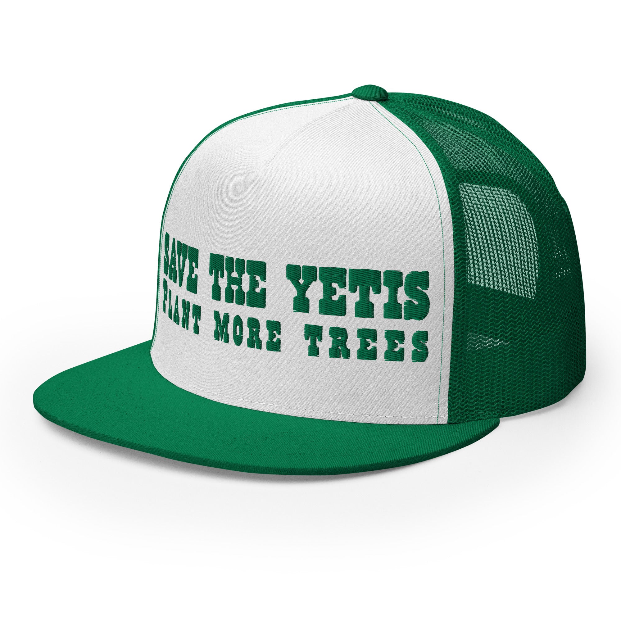 Two-Tone Trucker Cap Save the Yetis, Plant more Trees Kelly Green