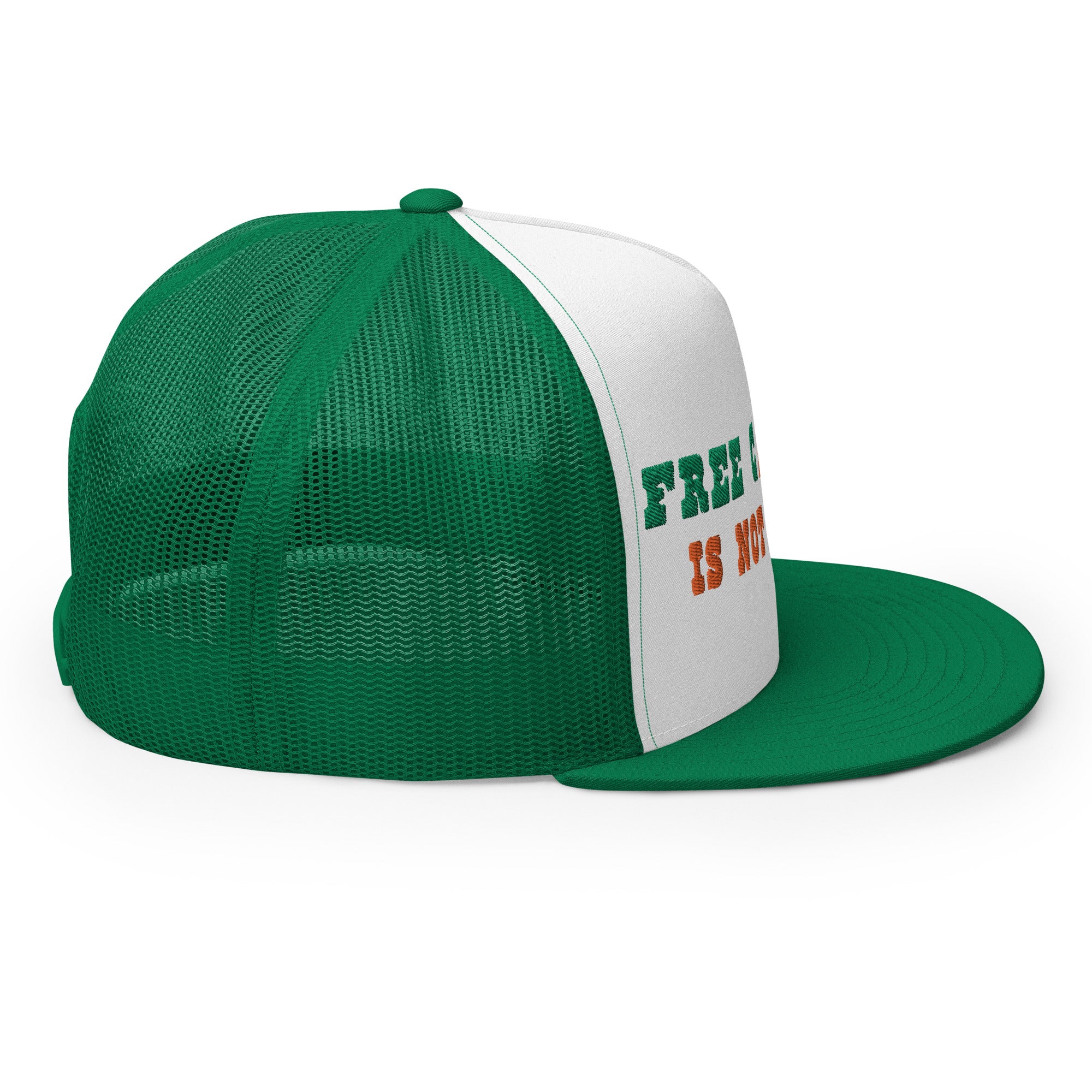 Casquette Trucker bicolore à visière plate Free camping is not a crime kelly green/orange