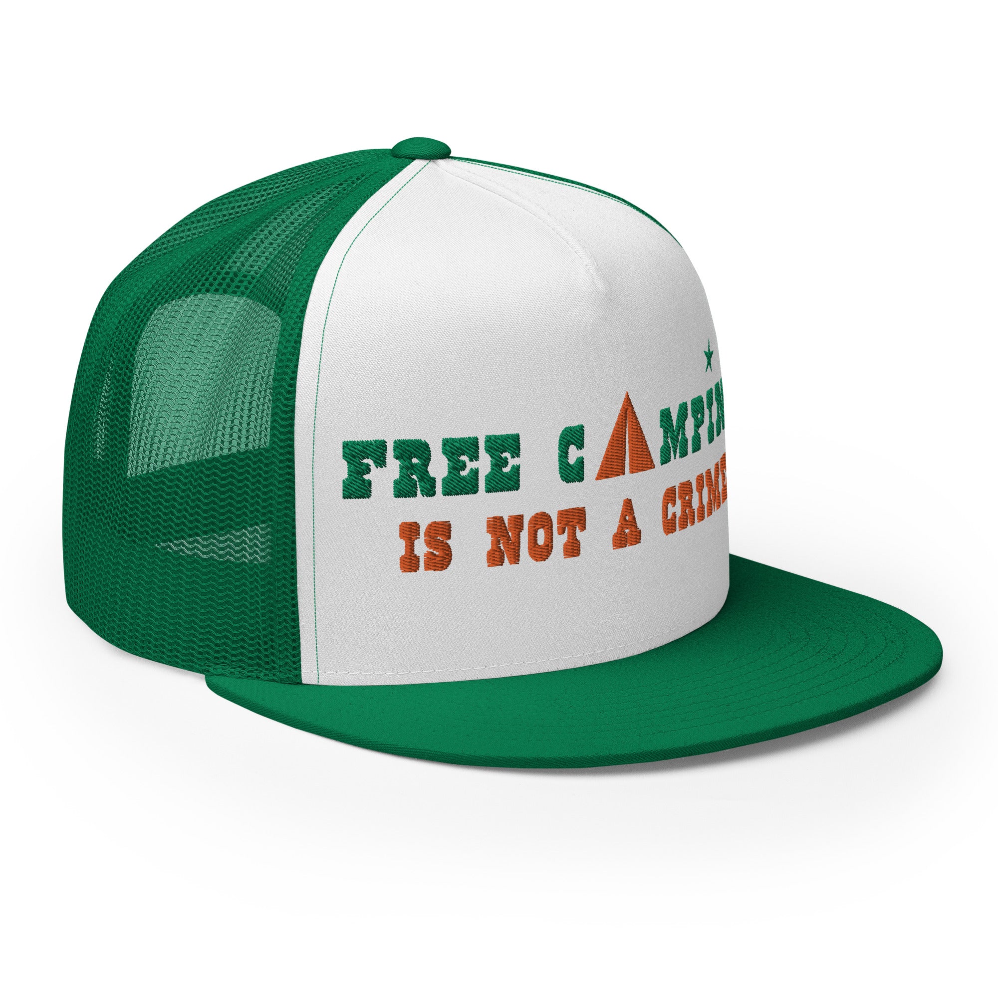 Casquette Trucker bicolore à visière plate Free camping is not a crime kelly green/orange