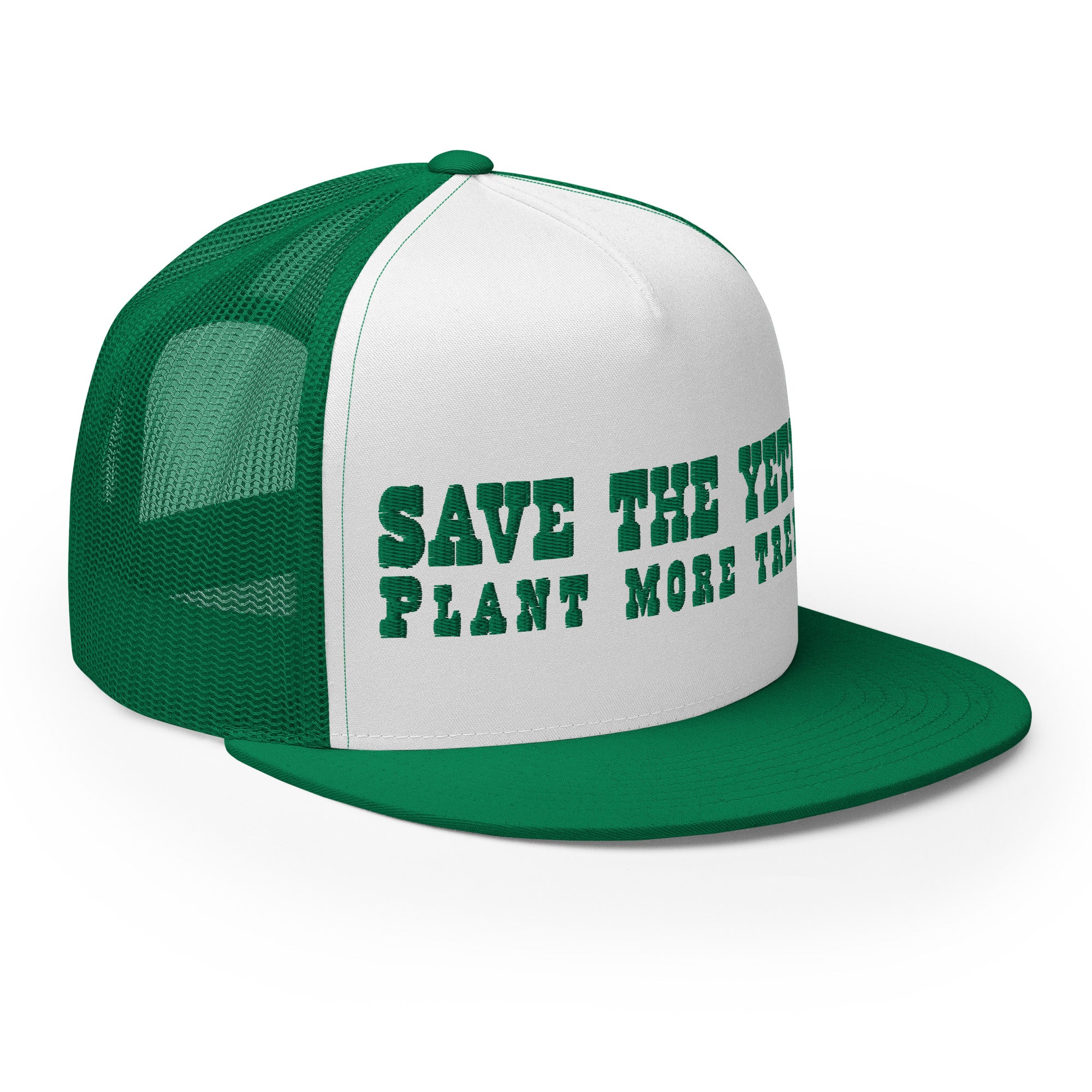 Two-Tone Trucker Cap Save the Yetis, Plant more Trees Kelly Green