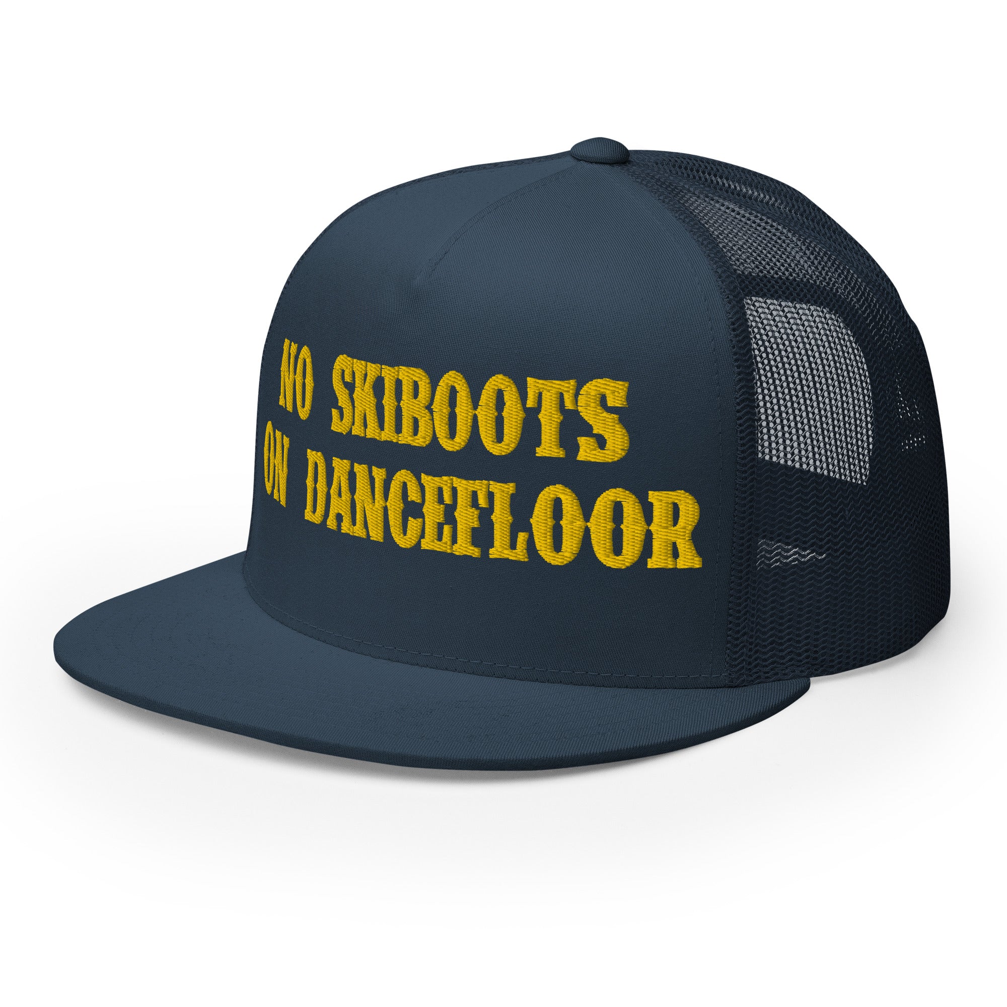 Casquette Trucker à visière plate No Skiboots on Dancefloor Gold grand motif brodé