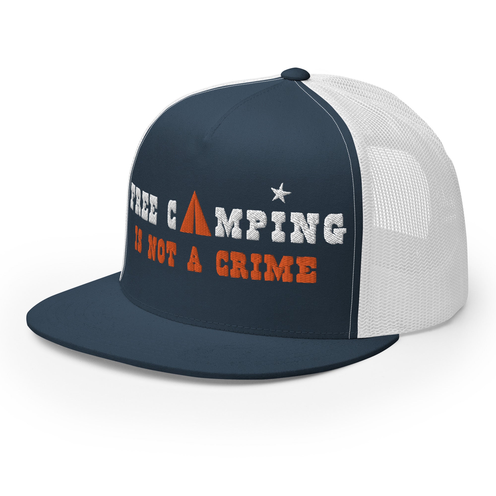 Casquette Trucker bicolore à visière plate Free camping is not a crime white/orange