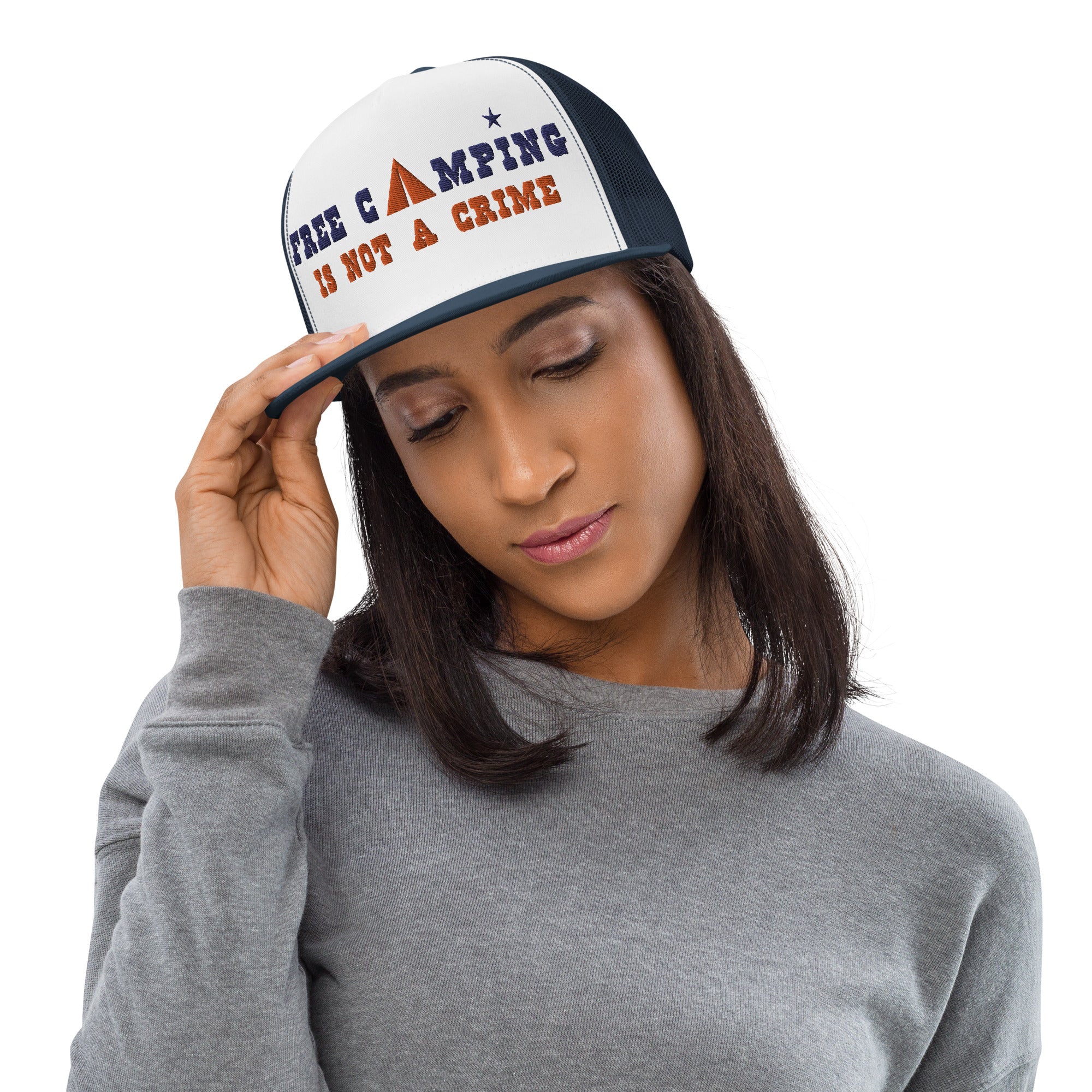 Two-Tone Trucker Cap Free camping is not a crime navy/orange