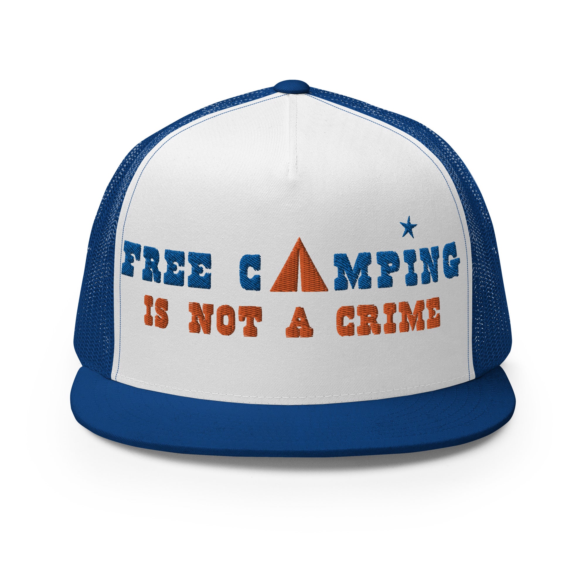 Casquette Trucker bicolore à visière plate Free camping is not a crime royal/orange