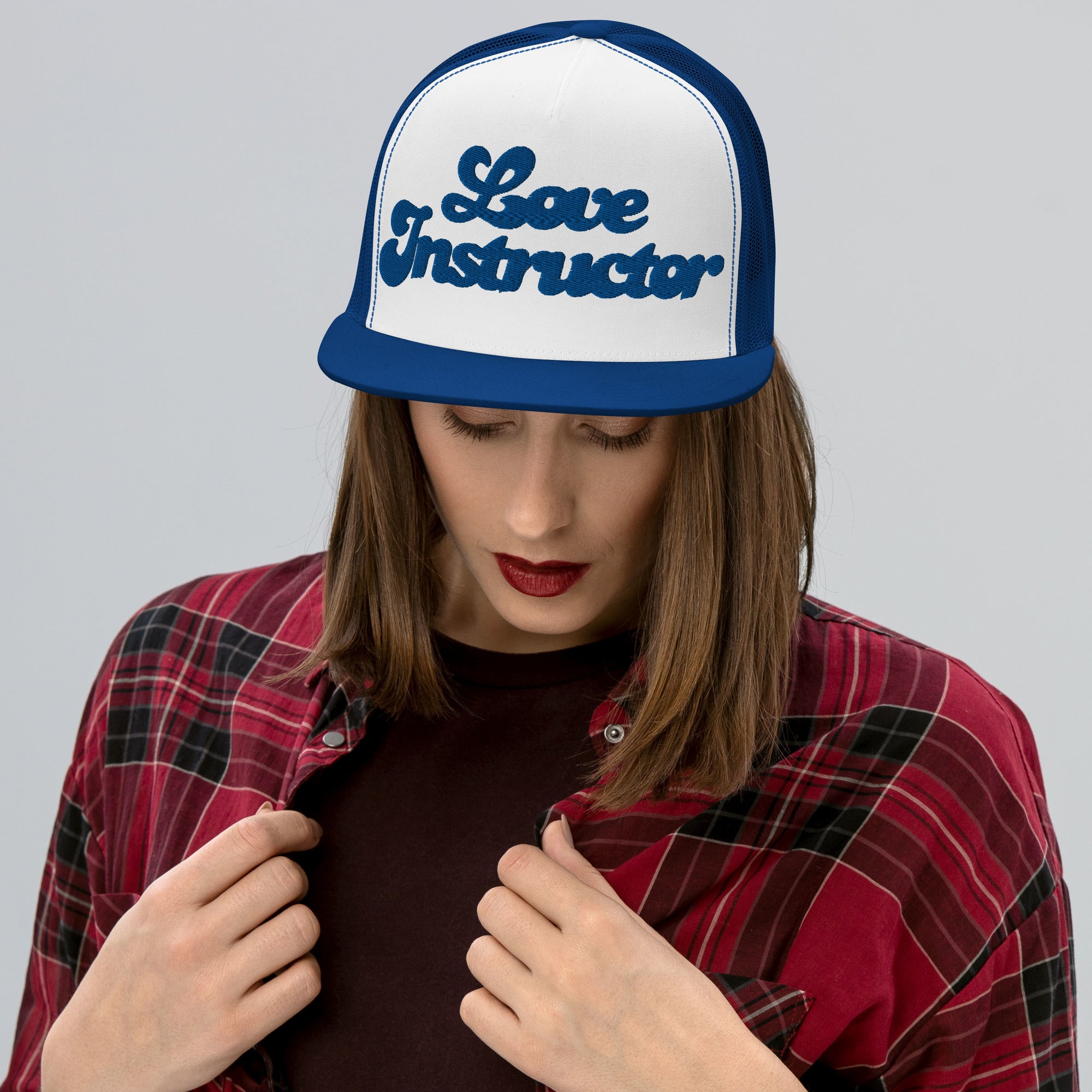 Casquette Trucker bicolore à visière plate Love instructor Royal Blue