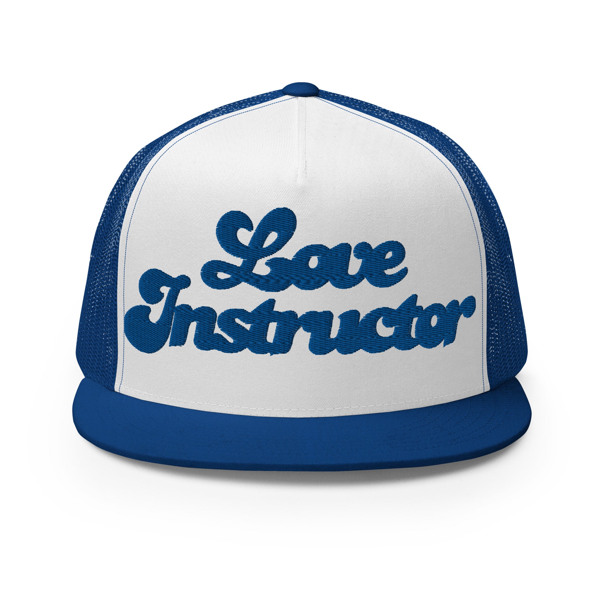 Casquette Trucker bicolore à visière plate Love instructor Royal Blue