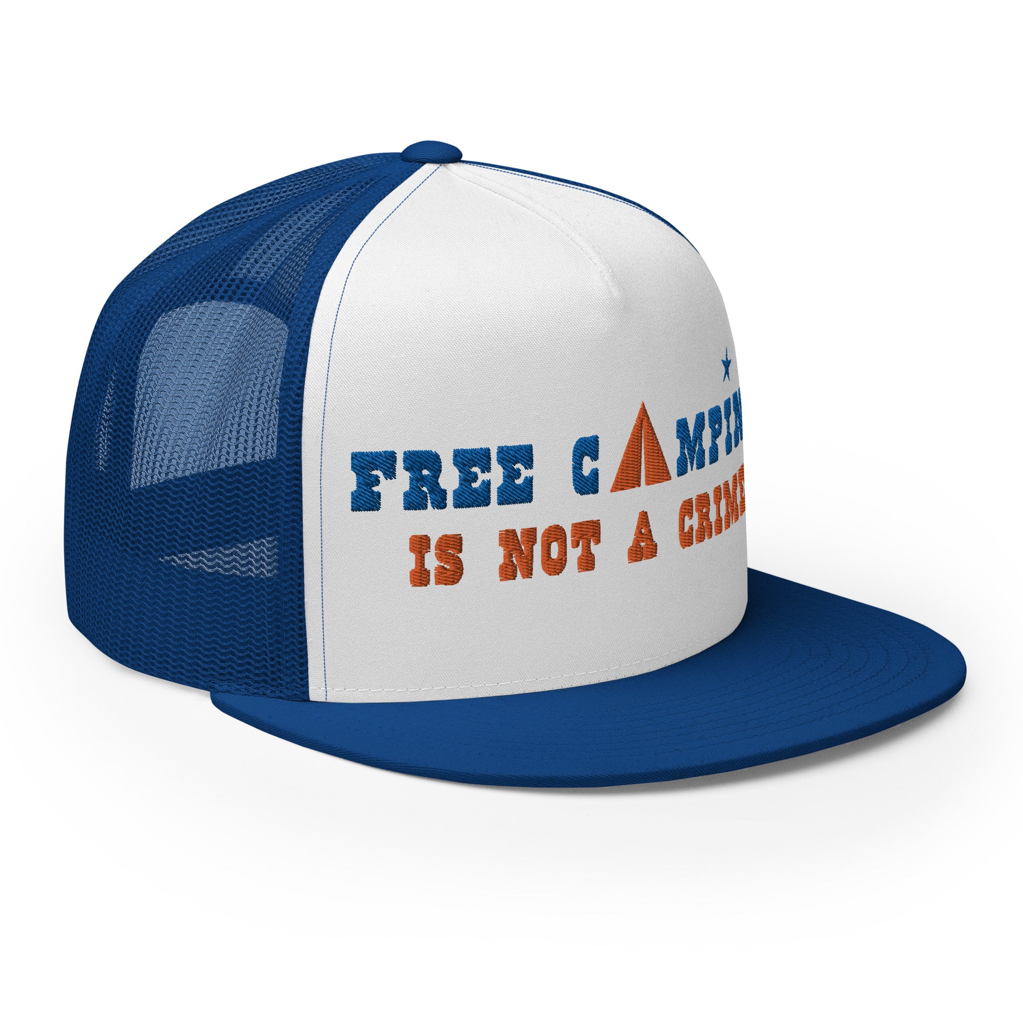 Casquette Trucker bicolore à visière plate Free camping is not a crime royal/orange