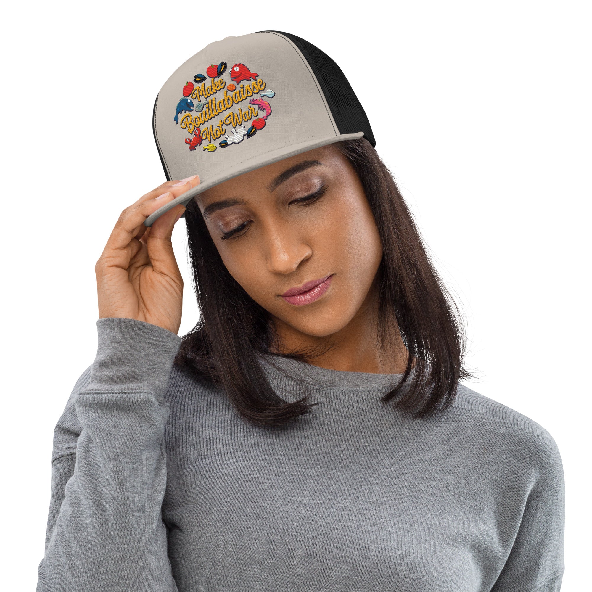 Two-Tone Trucker Make Bouillabaisse Not War multicolor embroidered pattern