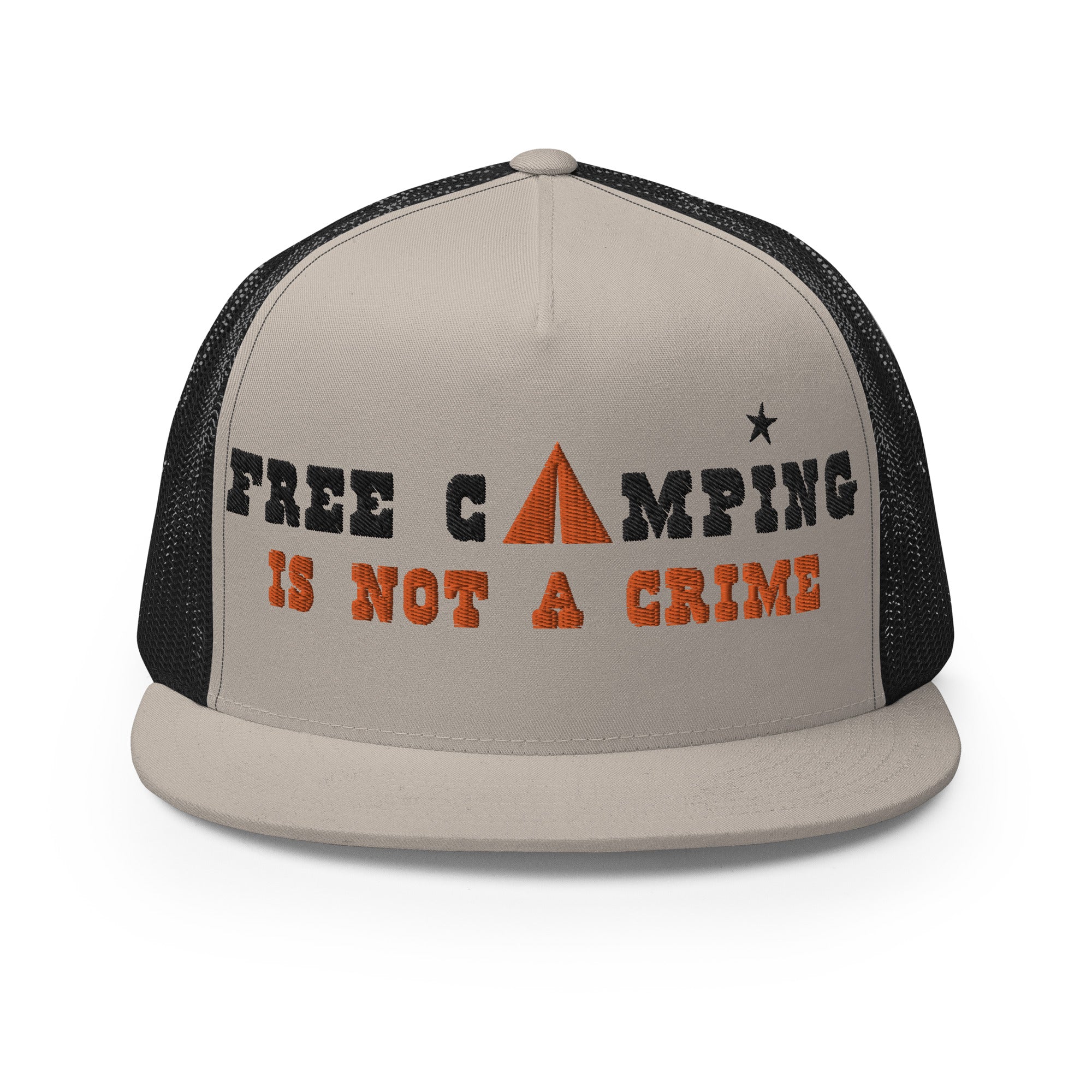 Casquette Trucker bicolore à visière plate Free camping is not a crime black/orange