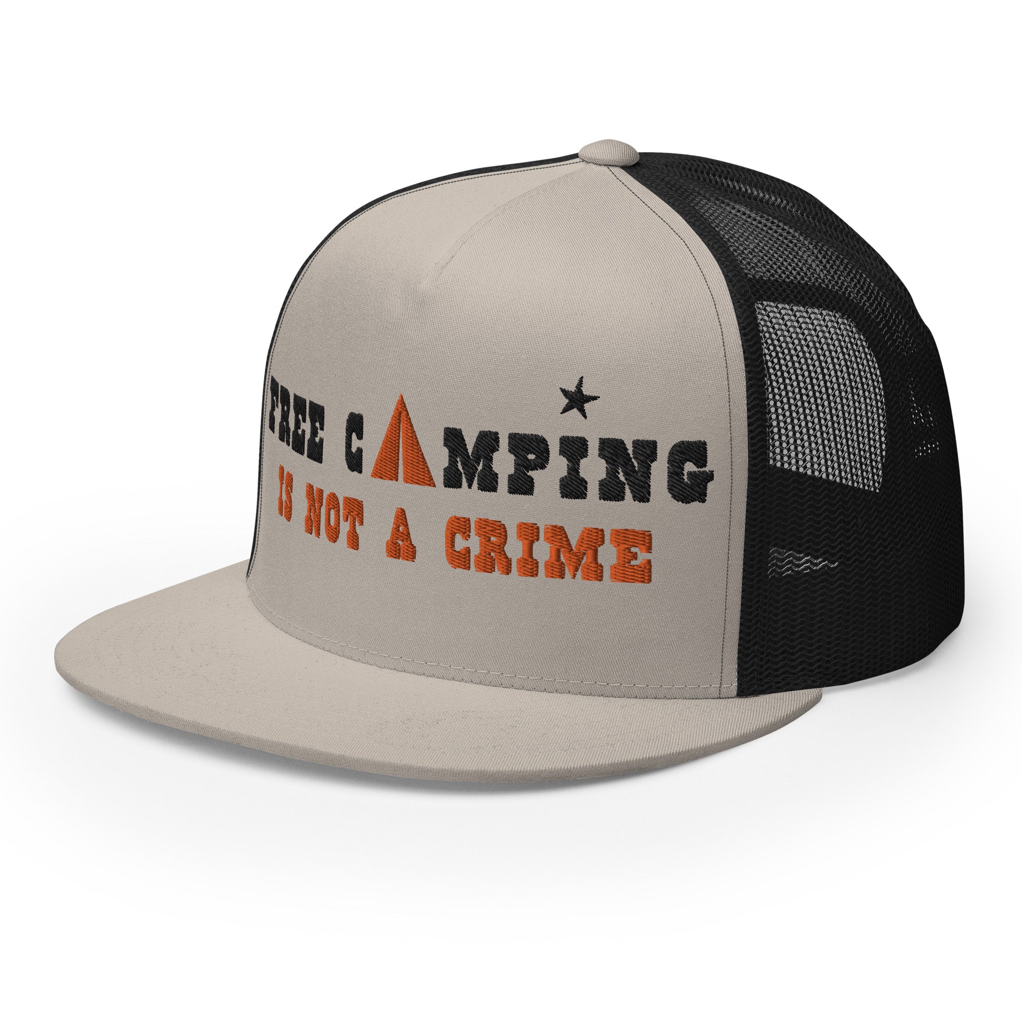 Casquette Trucker bicolore à visière plate Free camping is not a crime black/orange