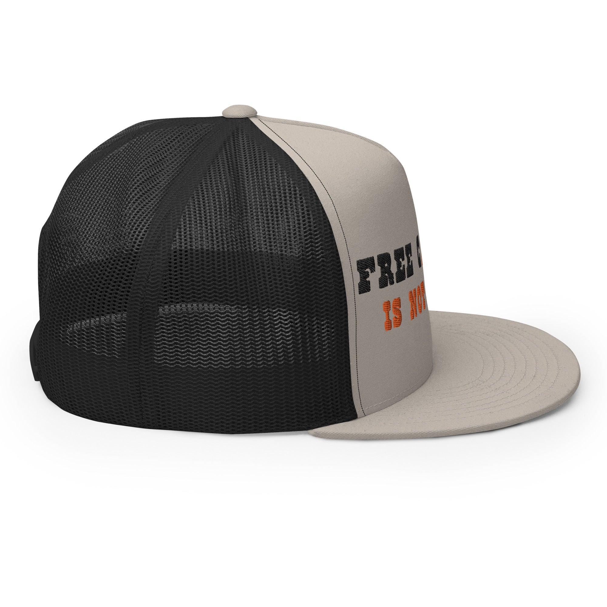 Casquette Trucker bicolore à visière plate Free camping is not a crime black/orange