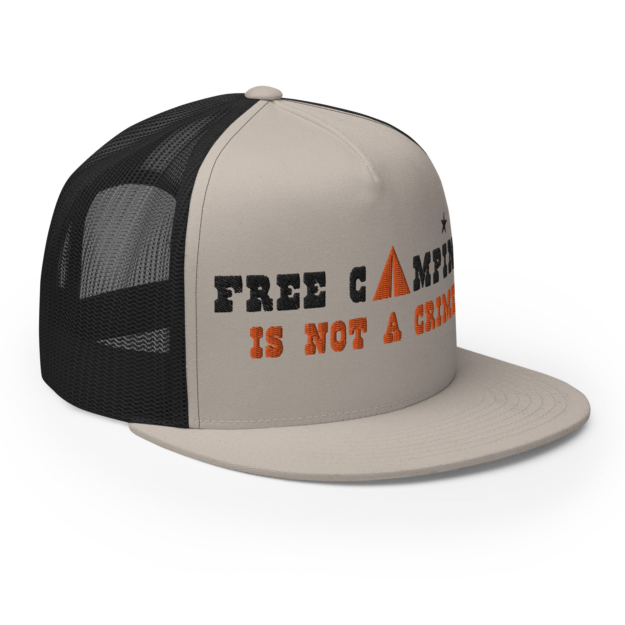 Casquette Trucker bicolore à visière plate Free camping is not a crime black/orange