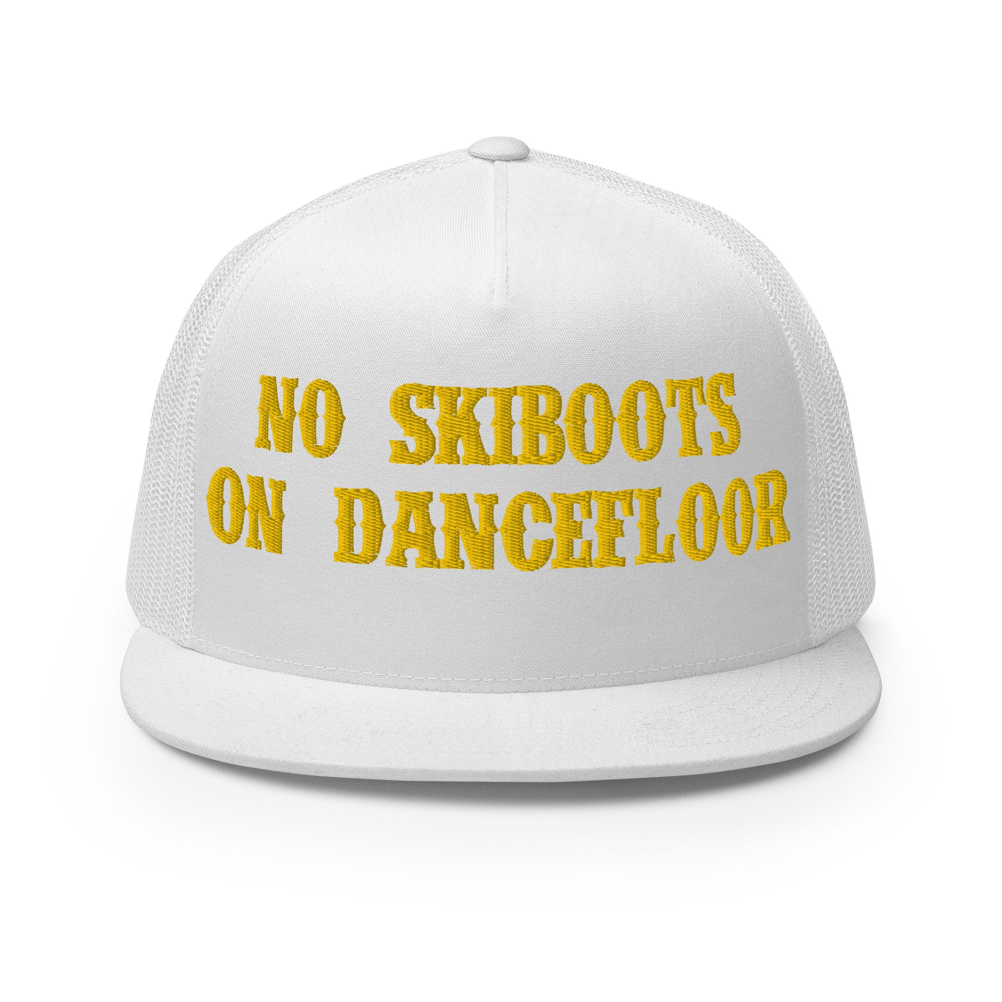 Casquette Trucker à visière plate No Skiboots on Dancefloor Gold grand motif brodé