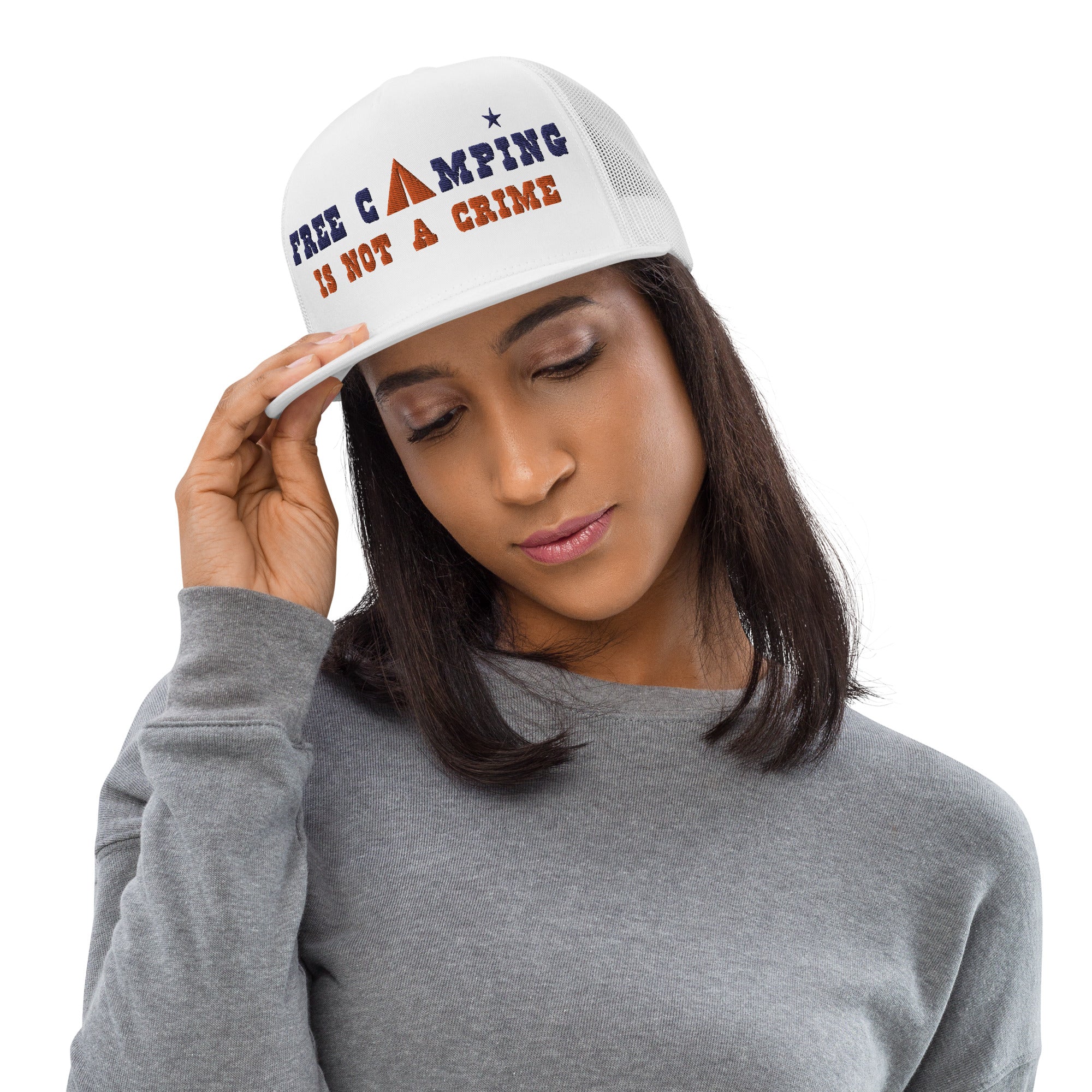 Two-Tone Trucker Cap Free camping is not a crime navy/orange