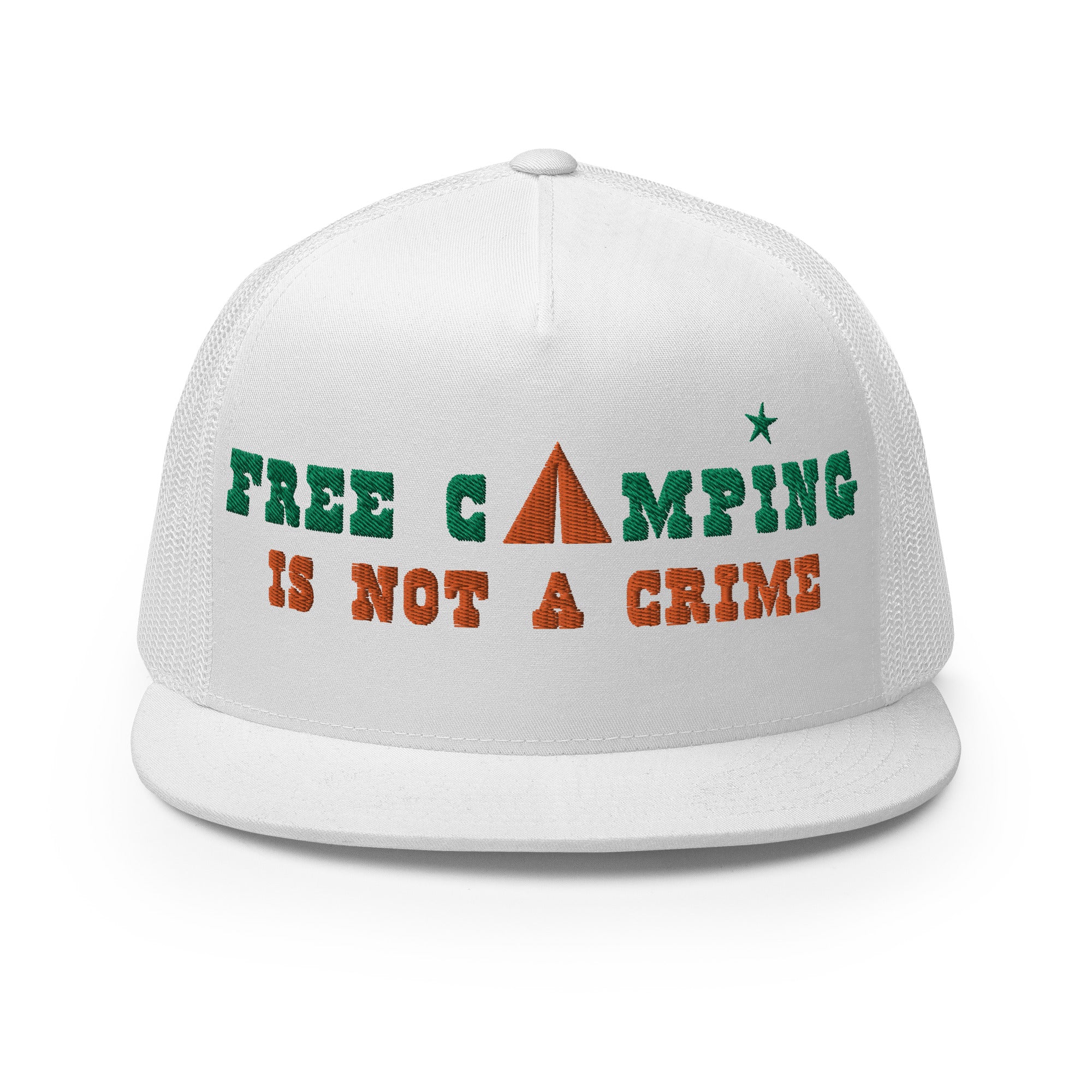 Casquette Trucker bicolore à visière plate Free camping is not a crime kelly green/orange