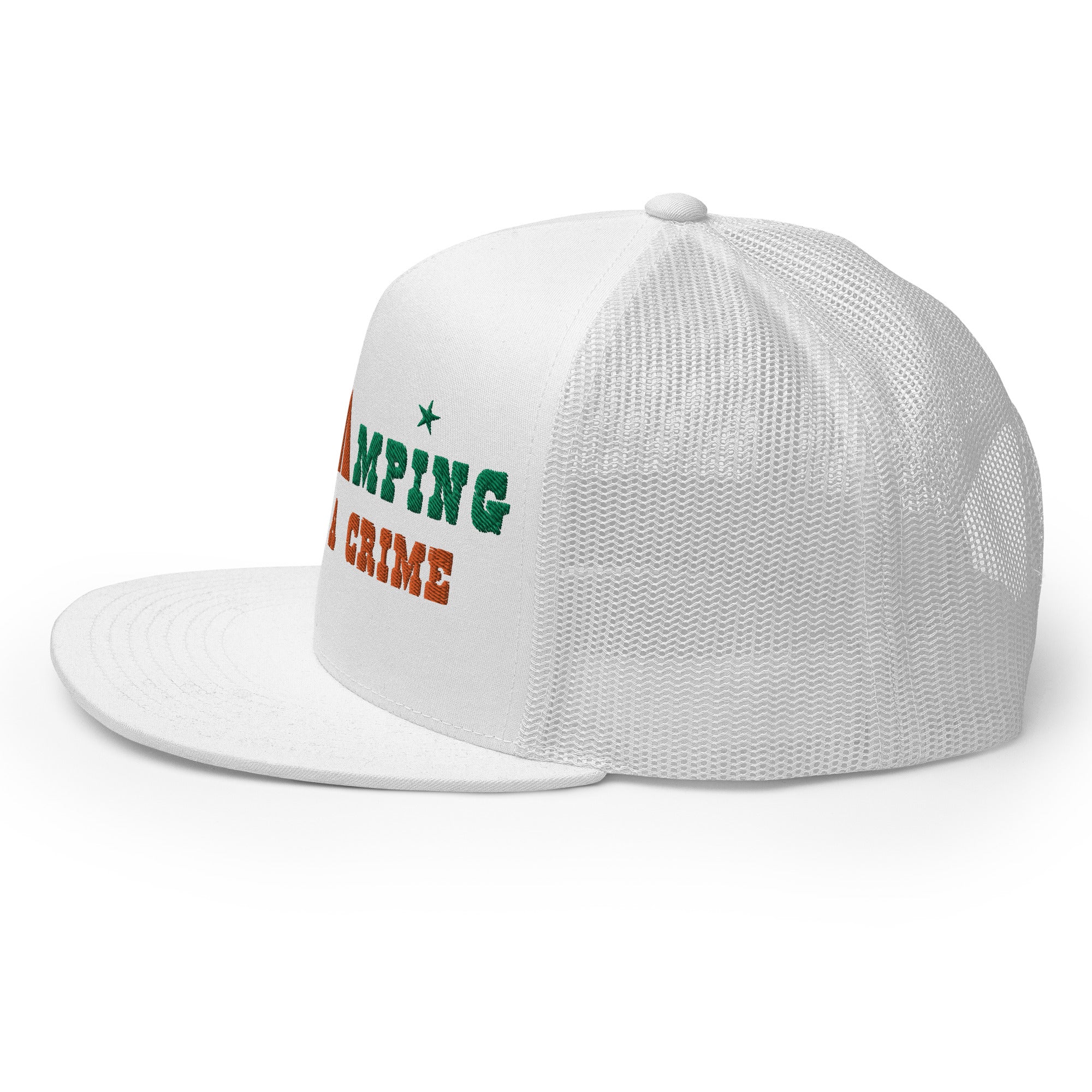 Casquette Trucker bicolore à visière plate Free camping is not a crime kelly green/orange