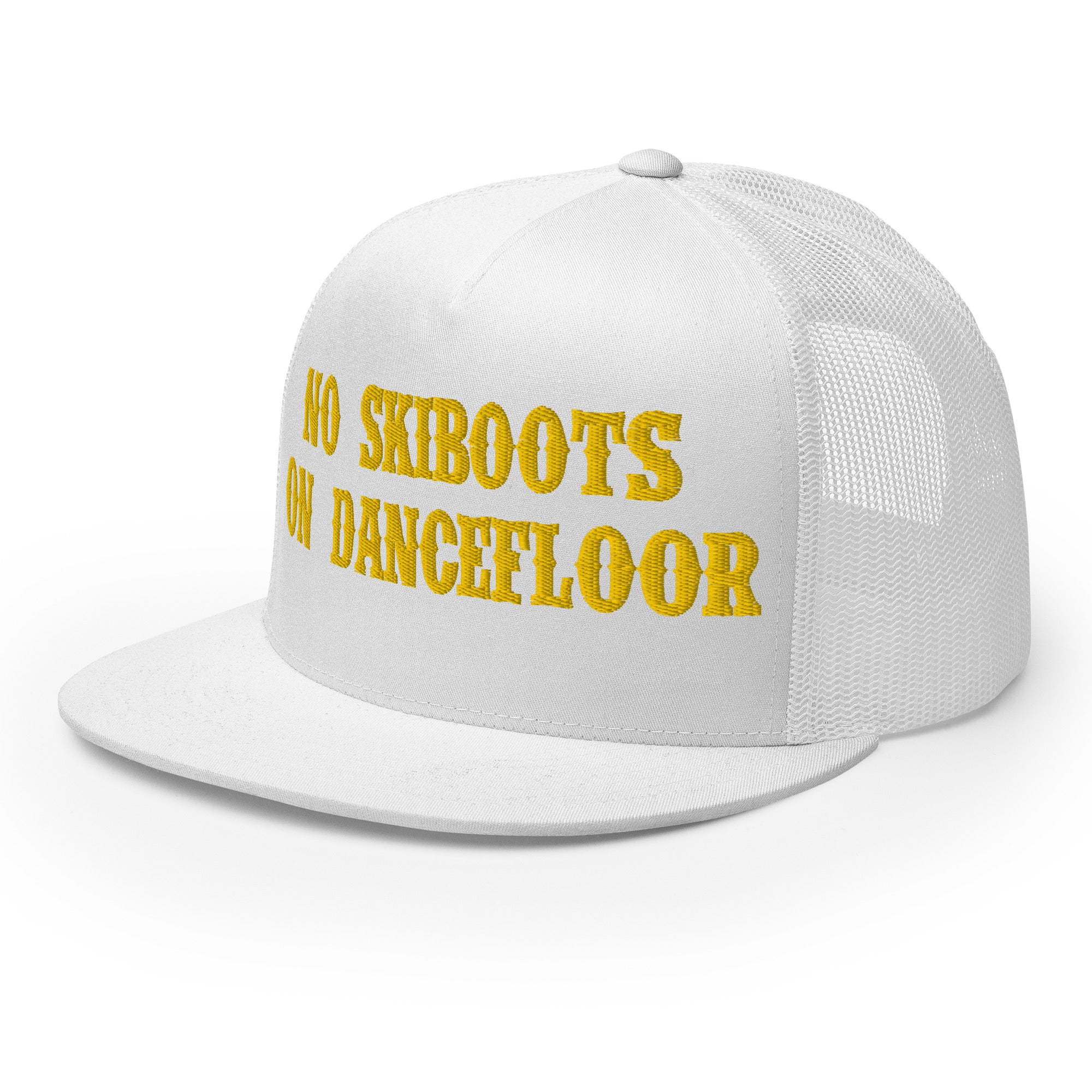 Casquette Trucker à visière plate No Skiboots on Dancefloor Gold grand motif brodé