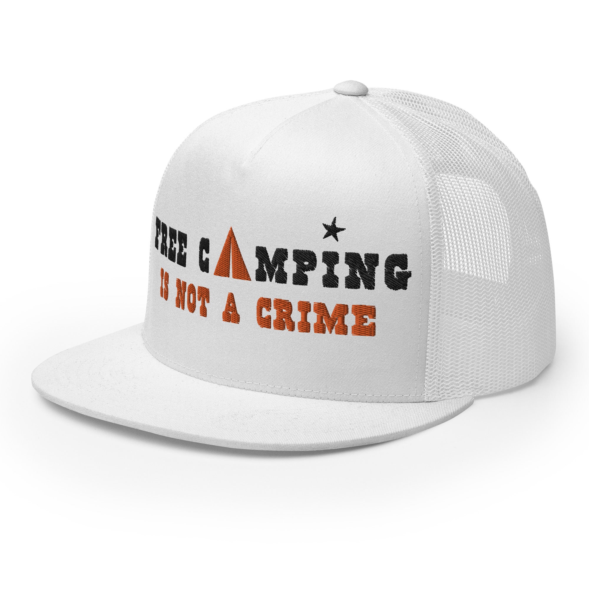 Casquette Trucker à visière plate Free camping is not a crime black/orange