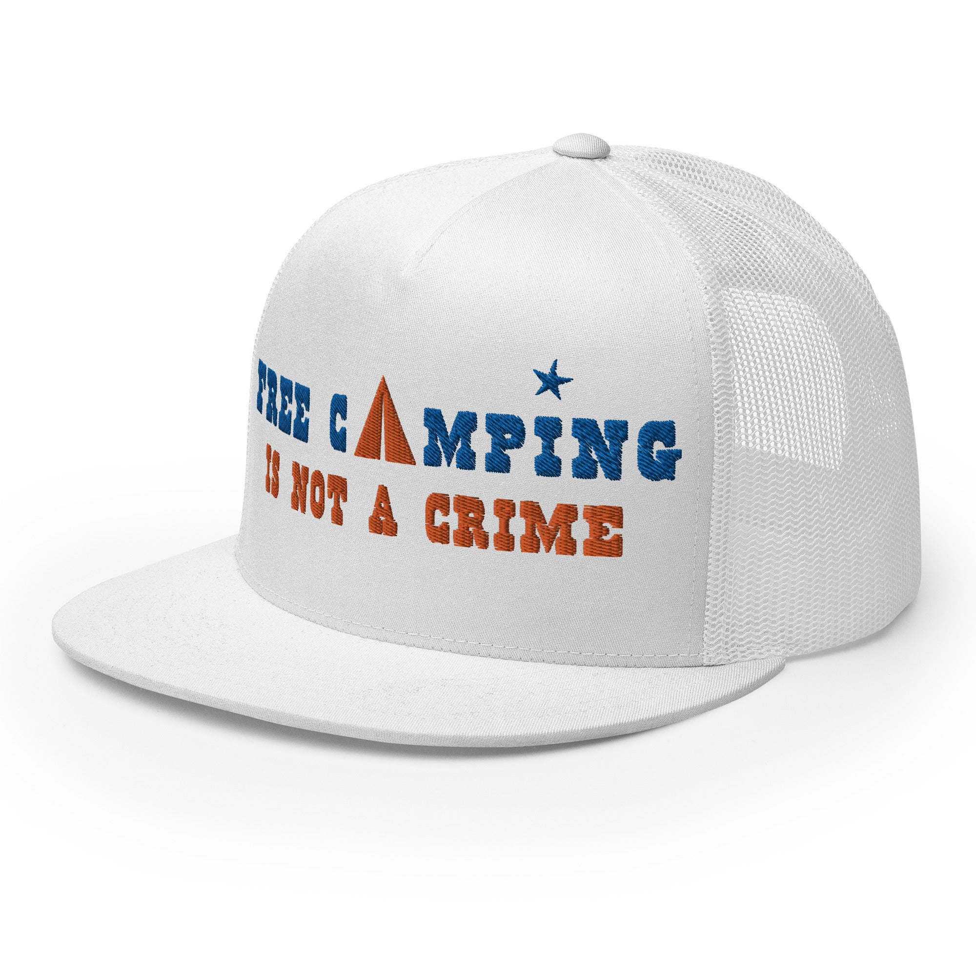 Casquette Trucker bicolore à visière plate Free camping is not a crime royal/orange