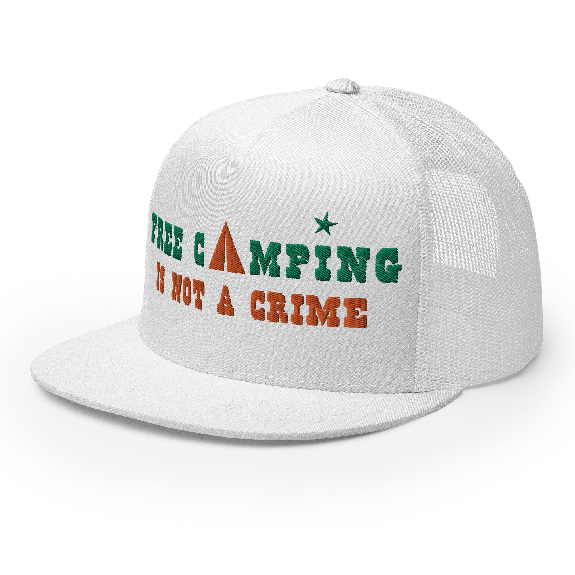 Casquette Trucker bicolore à visière plate Free camping is not a crime kelly green/orange