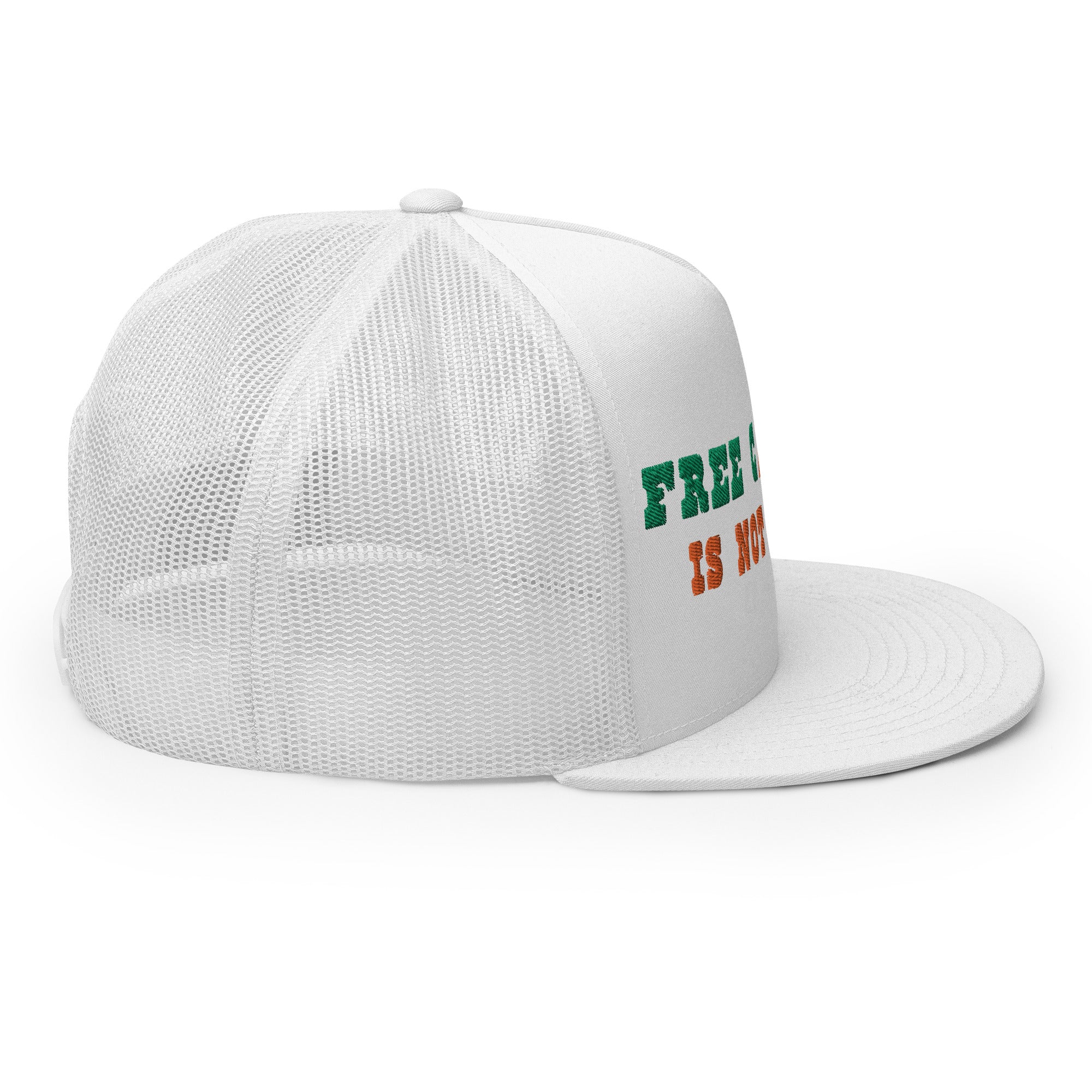 Casquette Trucker bicolore à visière plate Free camping is not a crime kelly green/orange