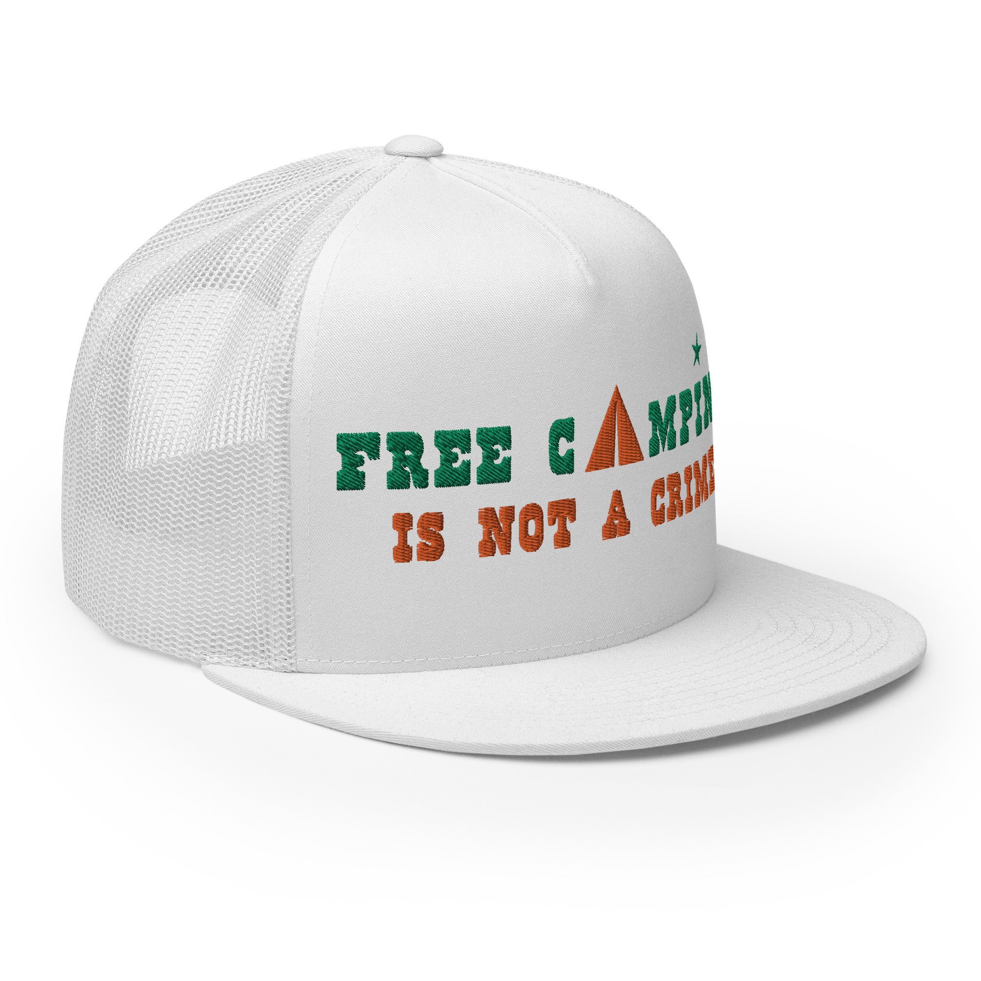 Casquette Trucker bicolore à visière plate Free camping is not a crime kelly green/orange