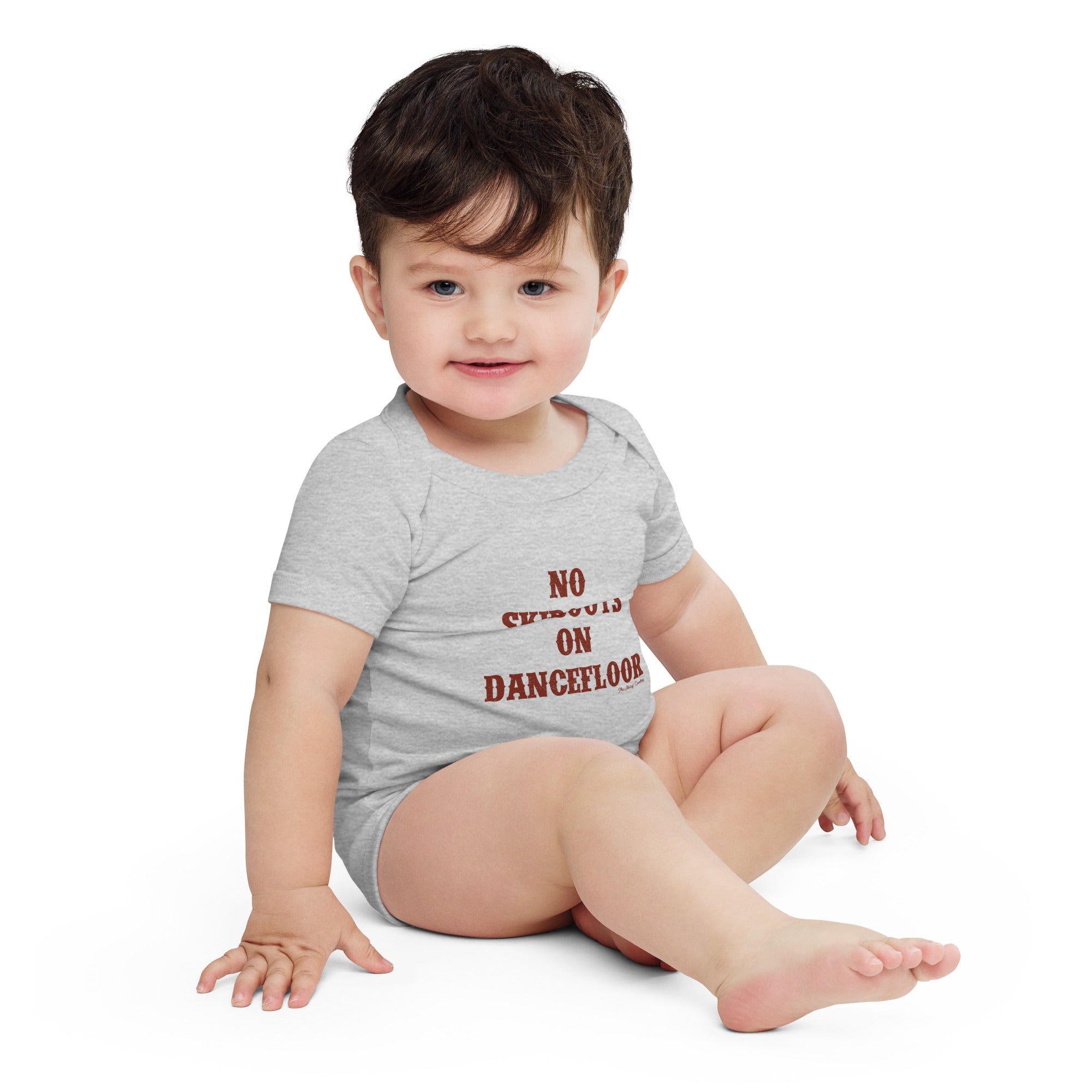 Baby short sleeve one piece No Skiboots on Dancefloor dark text