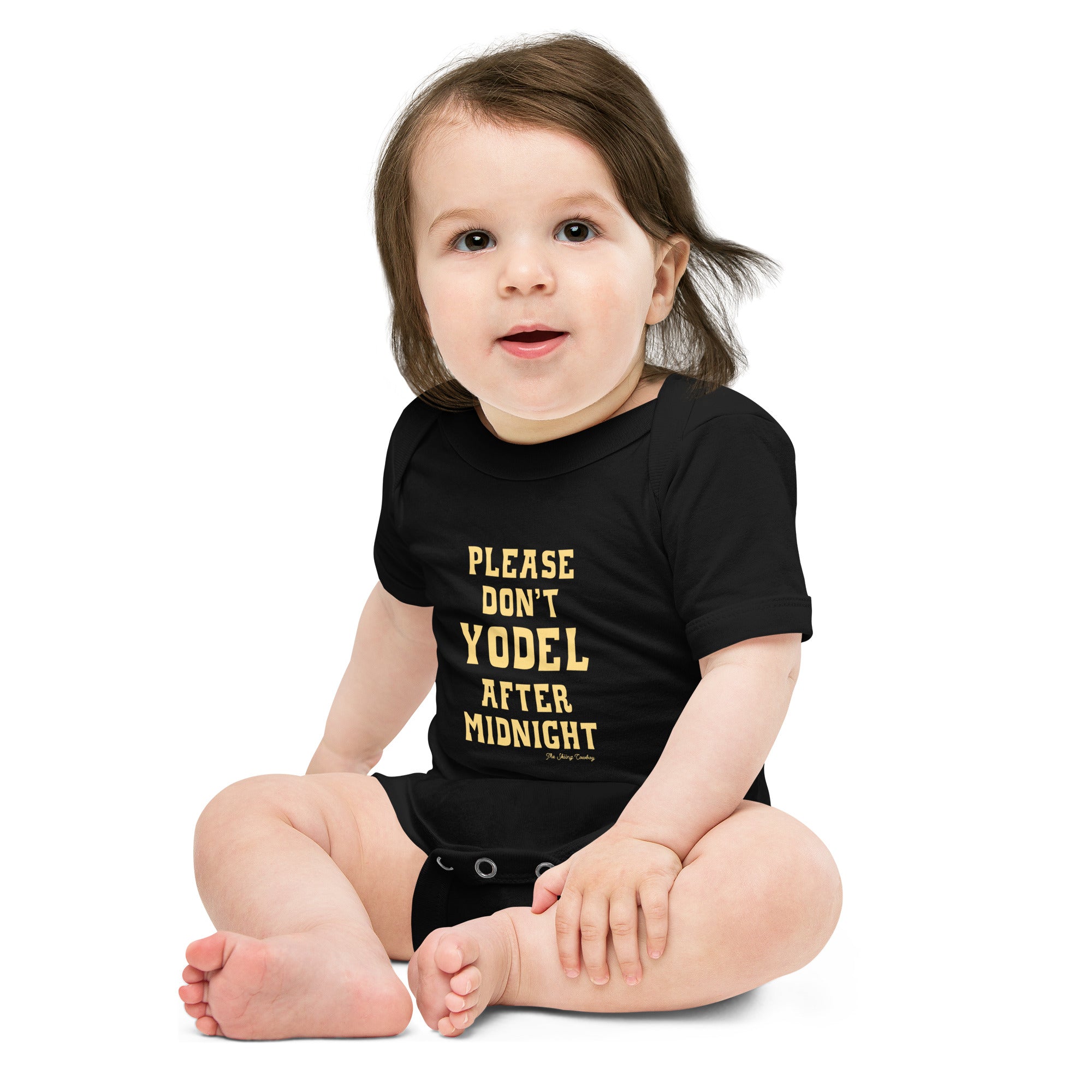 Baby short sleeve one piece Don't Yodel After Midnight light text