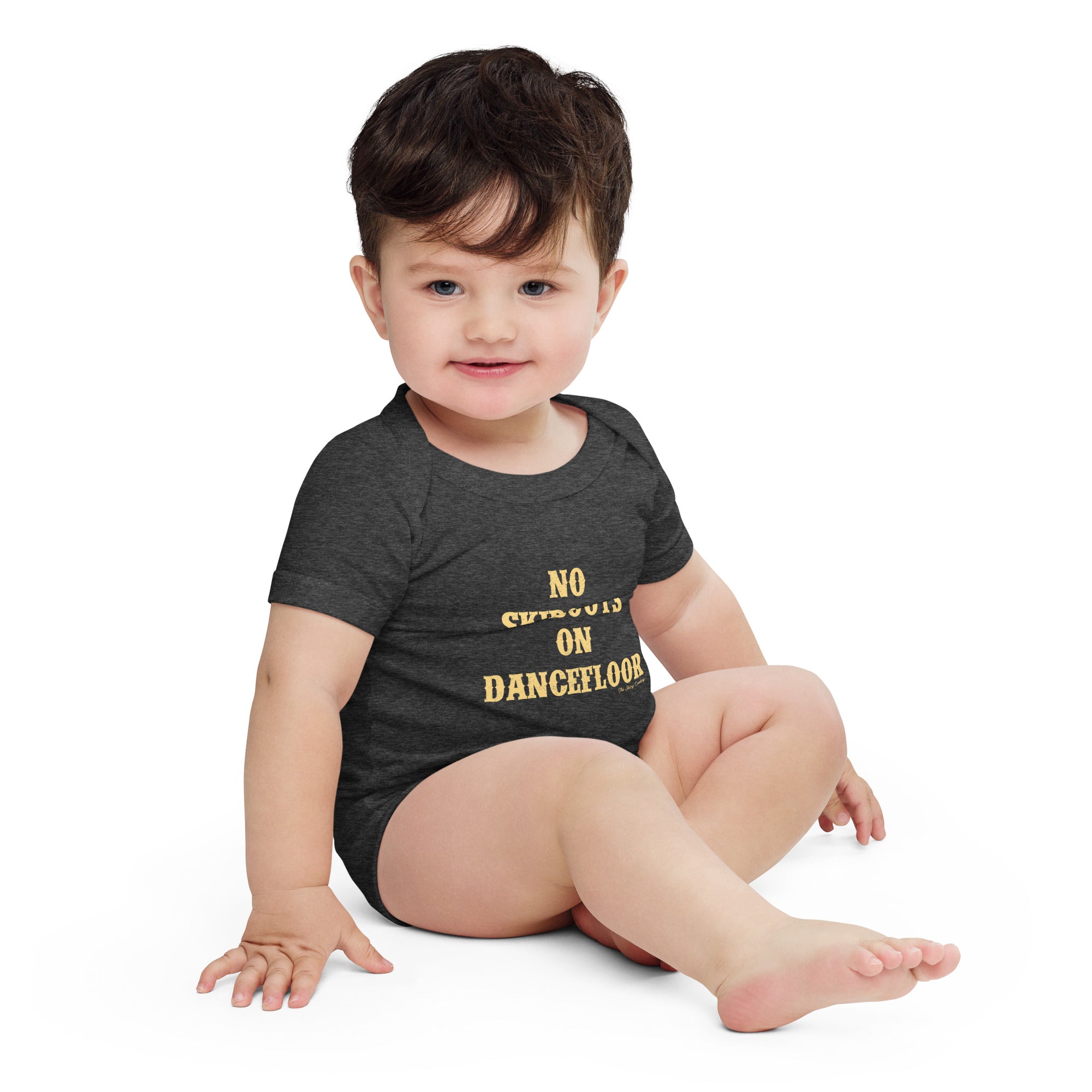 Baby short sleeve one piece No Skiboots on Dancefloor light text