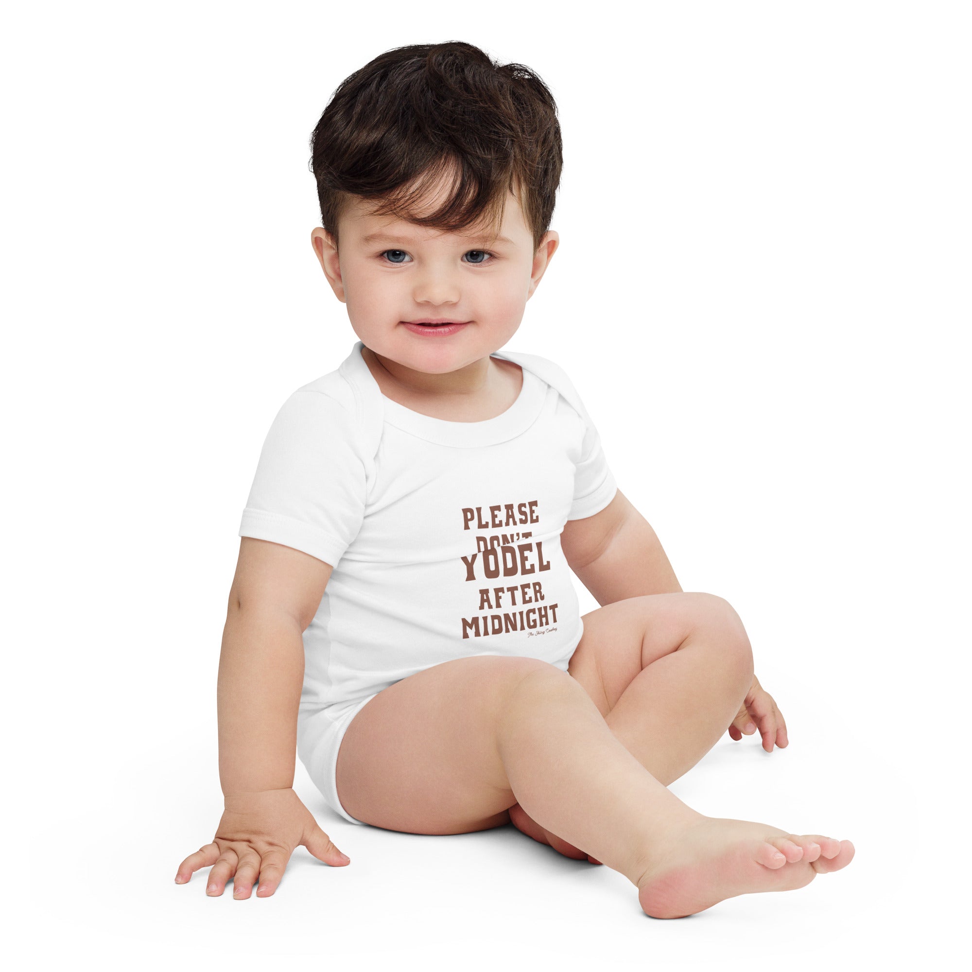 Baby short sleeve one piece Don't Yodel After Midnight dark text