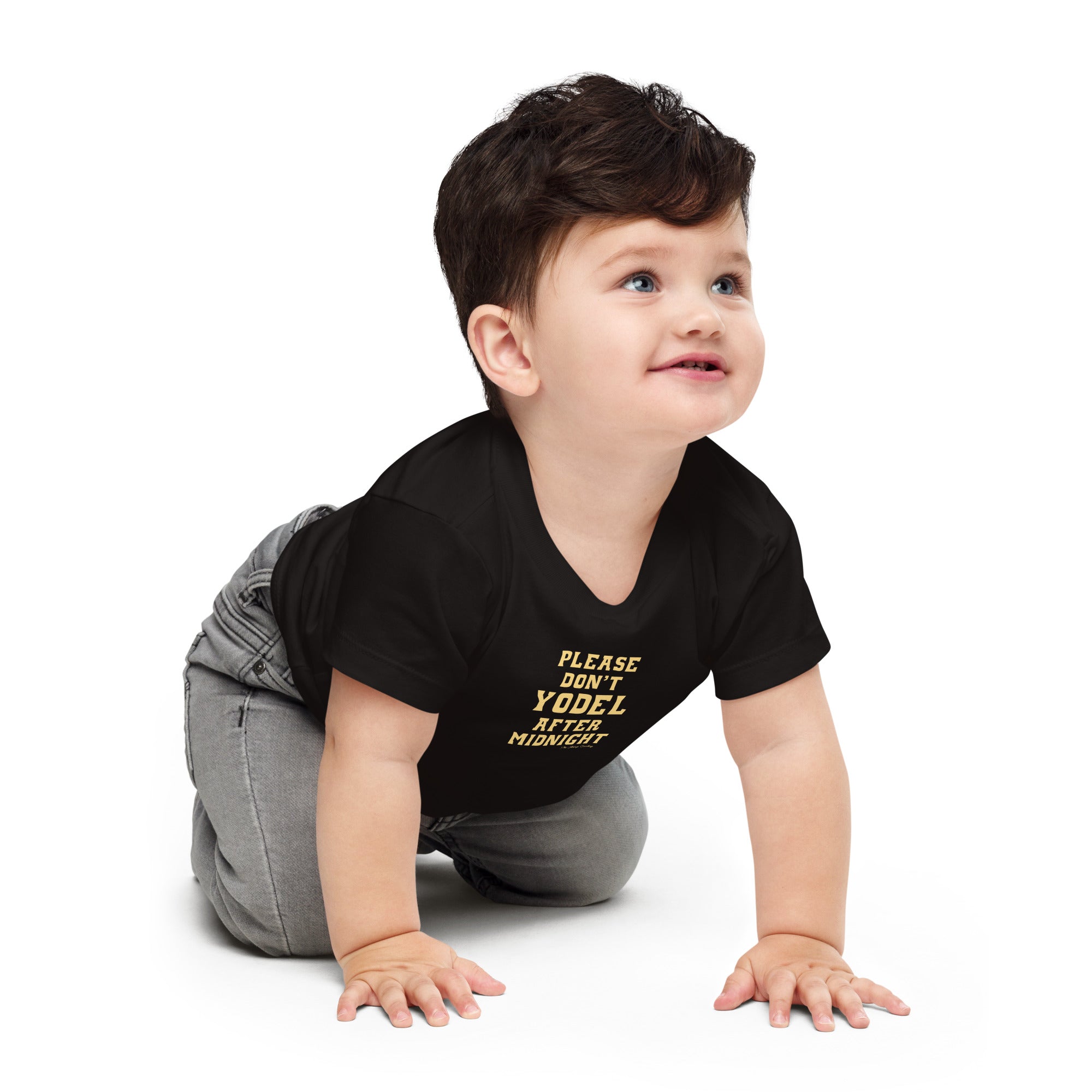 Baby T-shirt Don't Yodel After Midnight light text