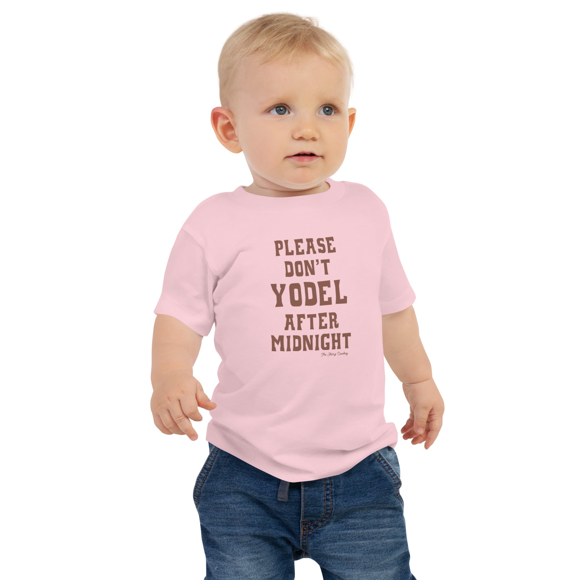 Baby T-shirt Don't Yodel After Midnight dark text