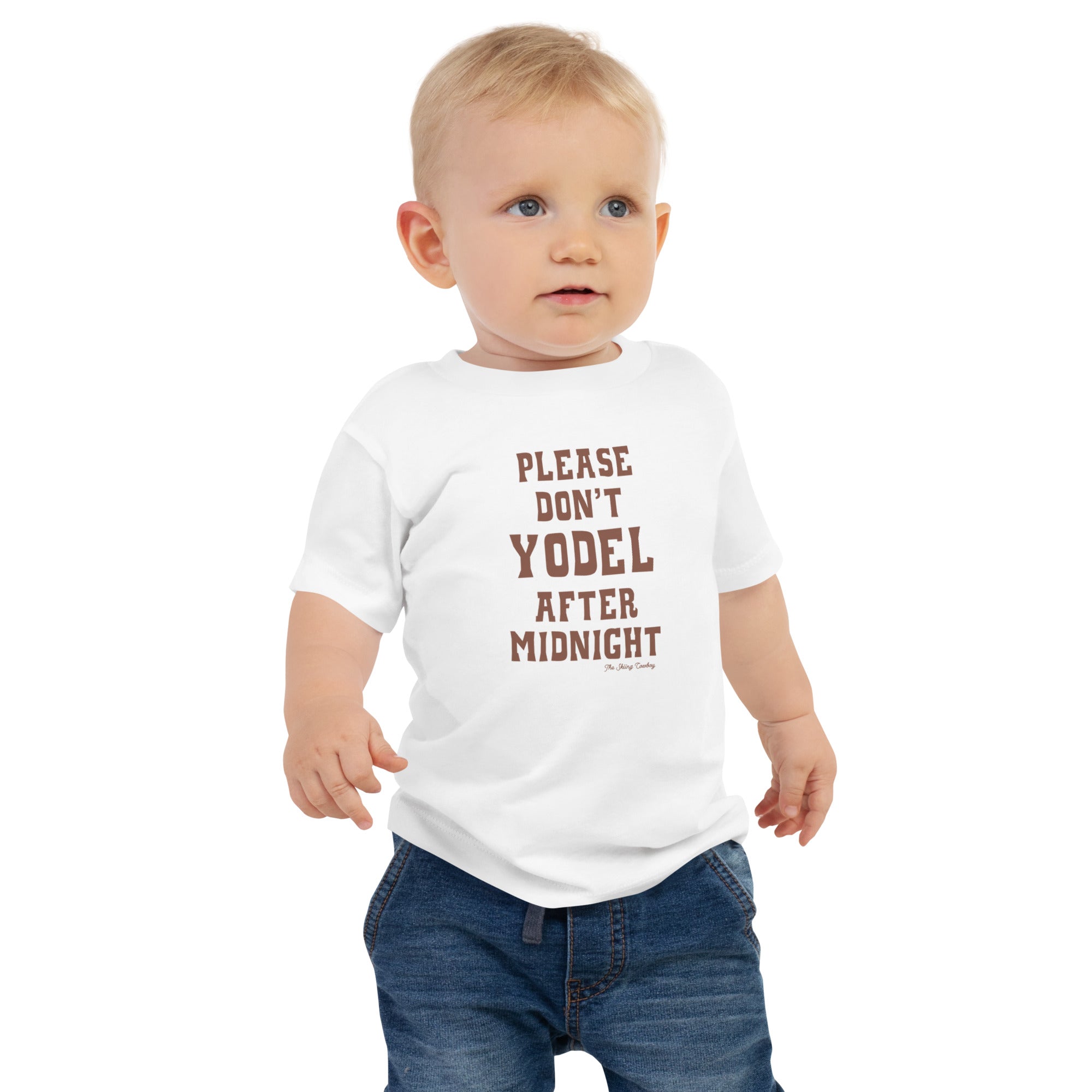 Baby T-shirt Don't Yodel After Midnight dark text