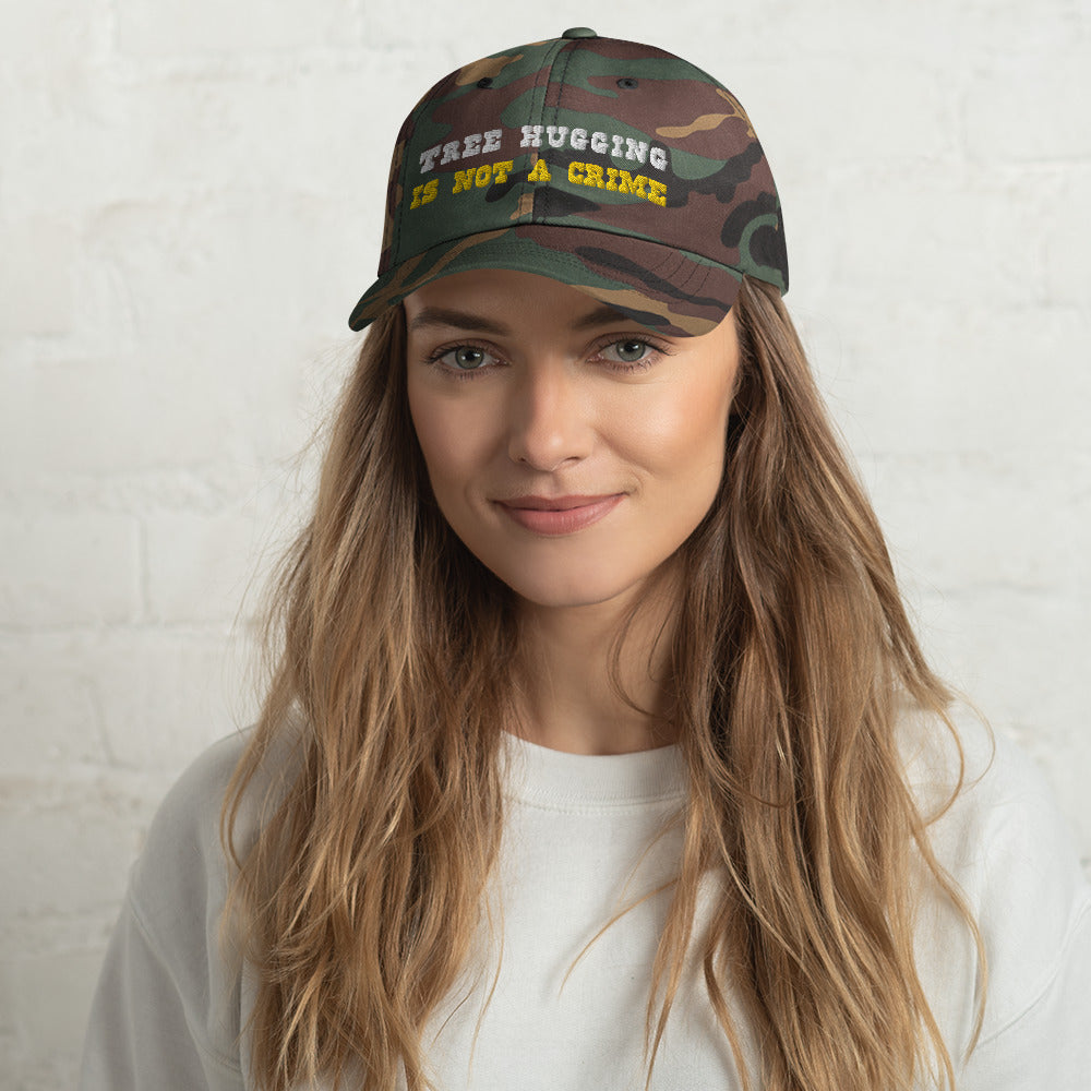 Camo Dad hat Tree Hugging is not a crime White/Gold