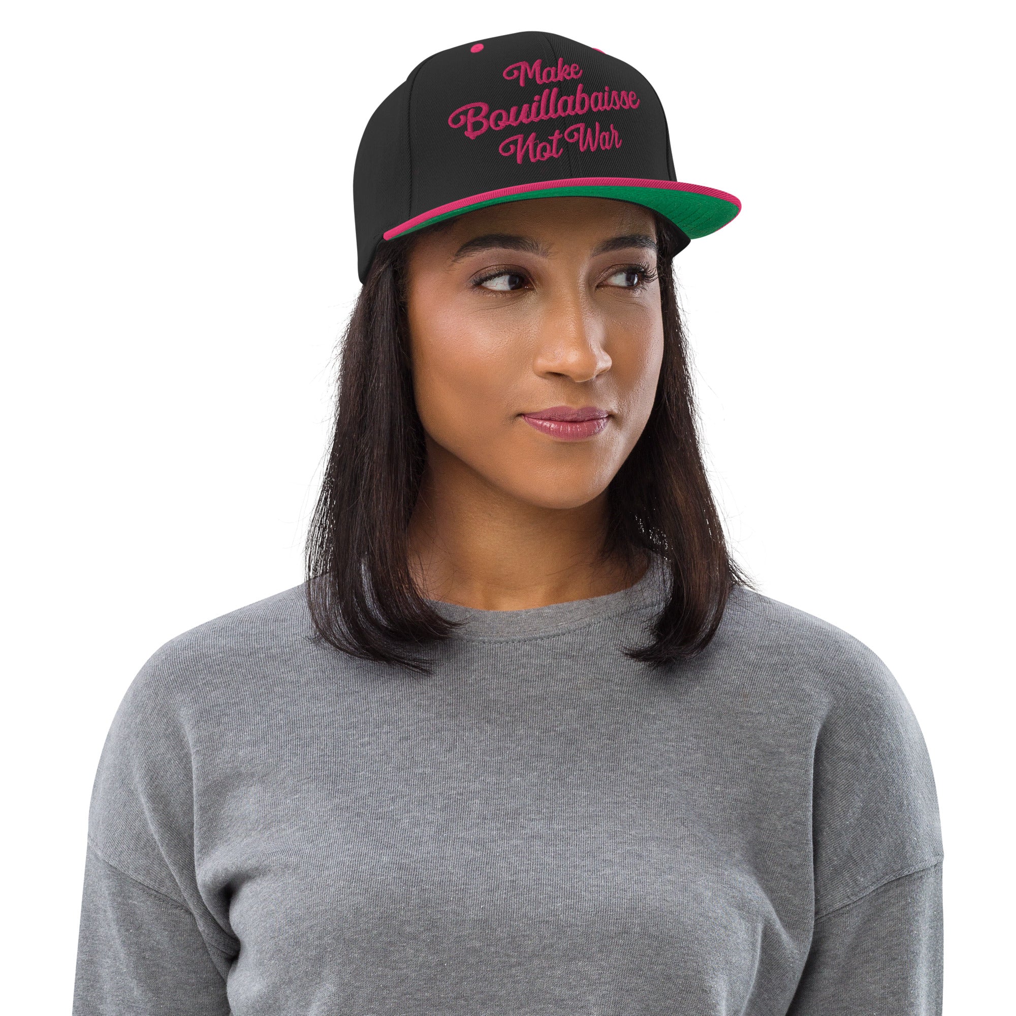 Two-Tone Snapback Wool Blend Cap Make Bouillabaisse Not War Flamingo