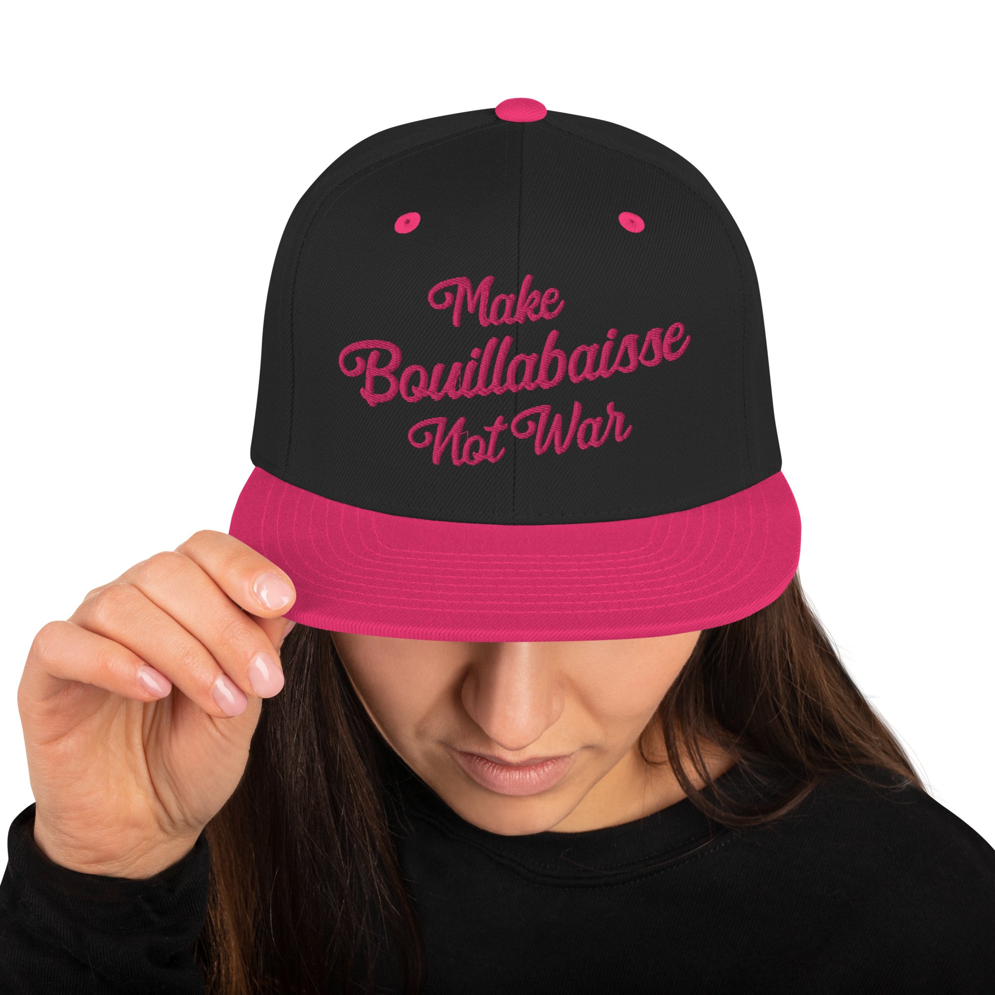 Two-Tone Snapback Wool Blend Cap Make Bouillabaisse Not War Flamingo