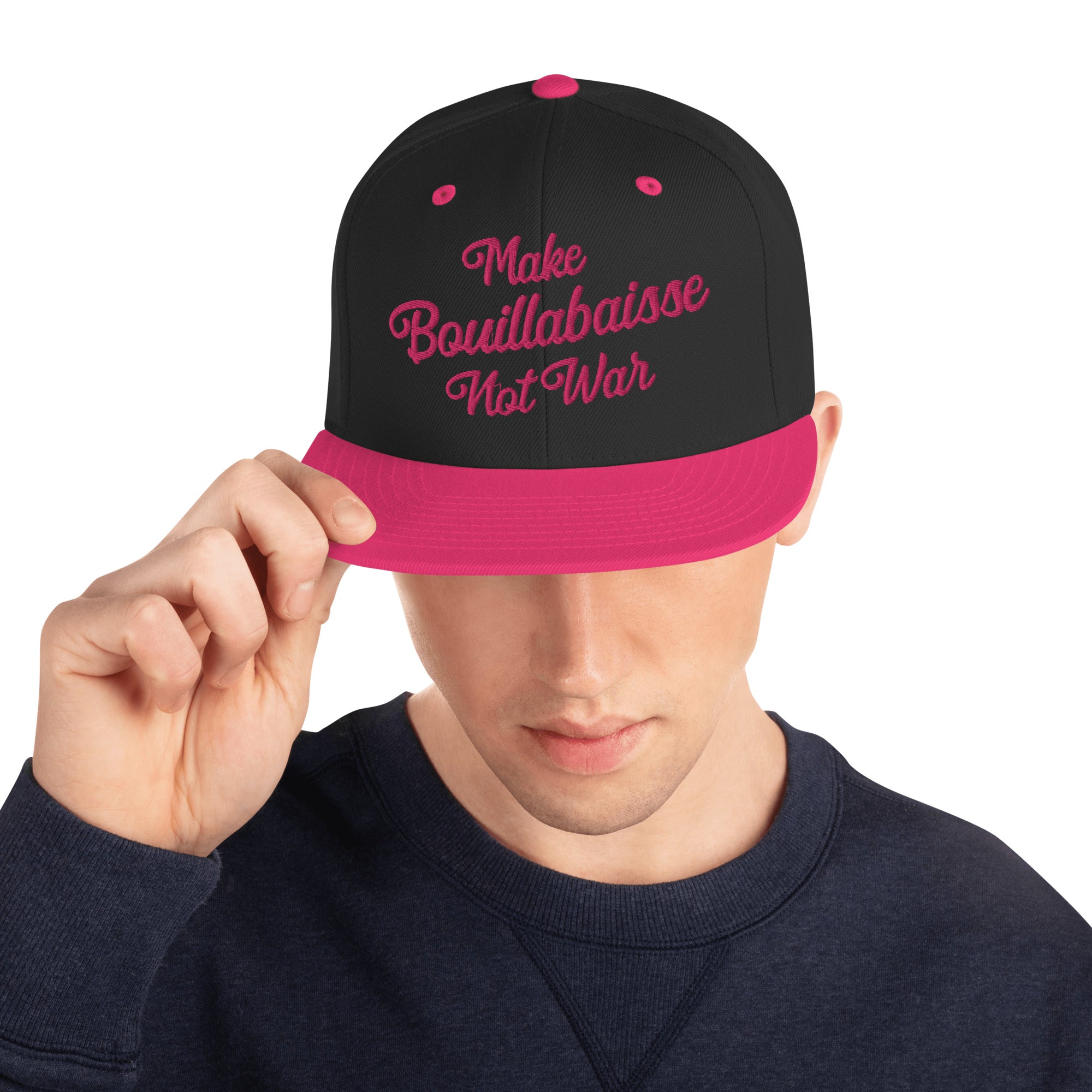 Two-Tone Snapback Wool Blend Cap Make Bouillabaisse Not War Flamingo