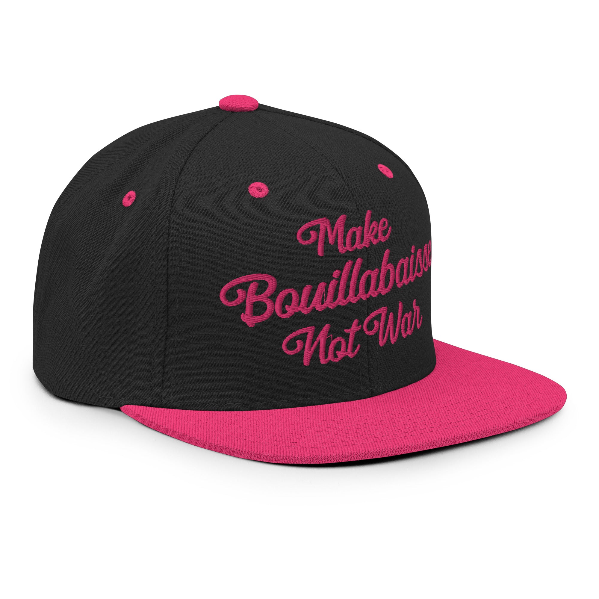 Two-Tone Snapback Wool Blend Cap Make Bouillabaisse Not War Flamingo