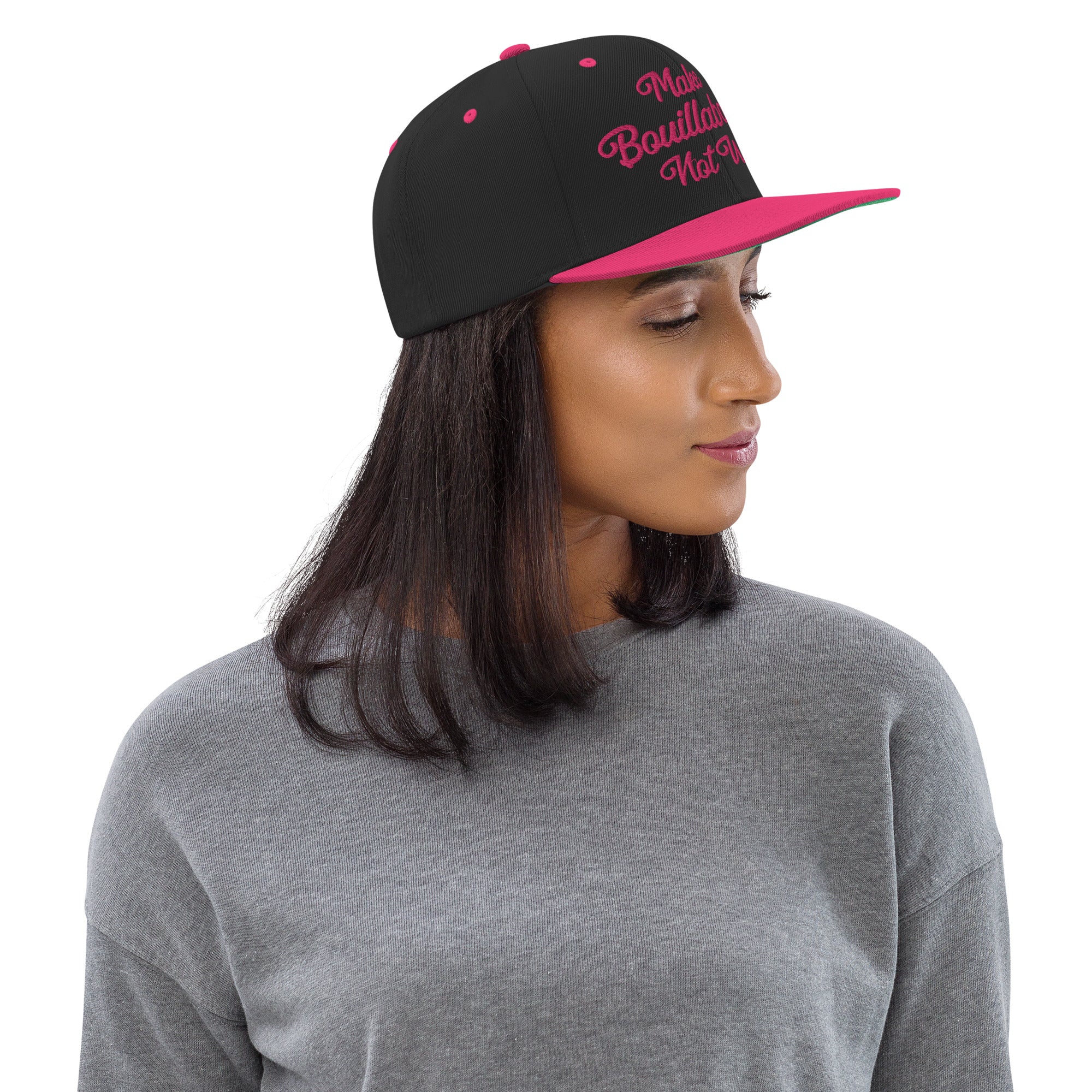 Two-Tone Snapback Wool Blend Cap Make Bouillabaisse Not War Flamingo